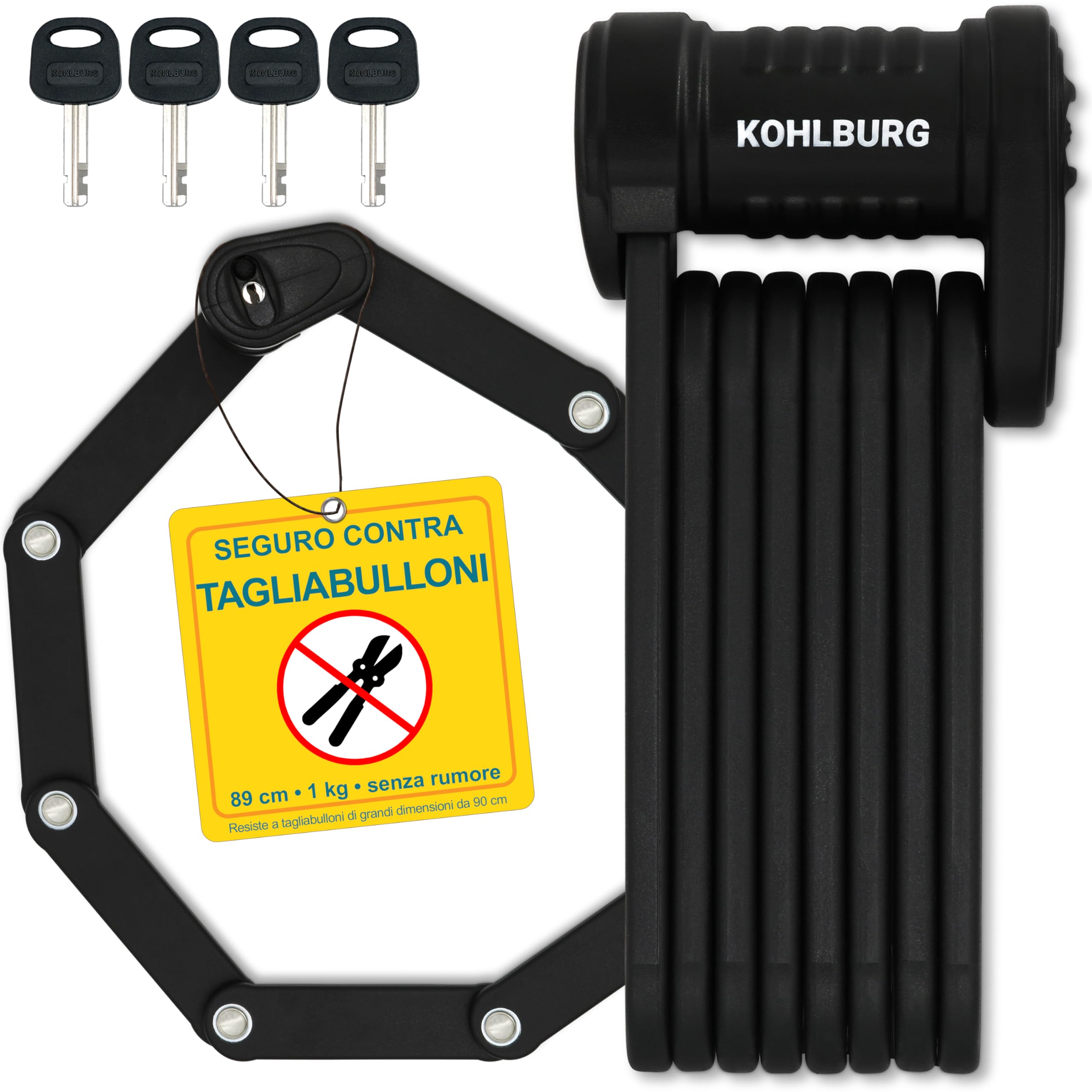 KOHLBURG Antifurto pieghevole per bici massima sicurezza a soli 1kg – 89cm – Antifurti per bici con supporto – molto sicuro come antifurto per monopattino elettrico & antifurti pieghevole per eBike