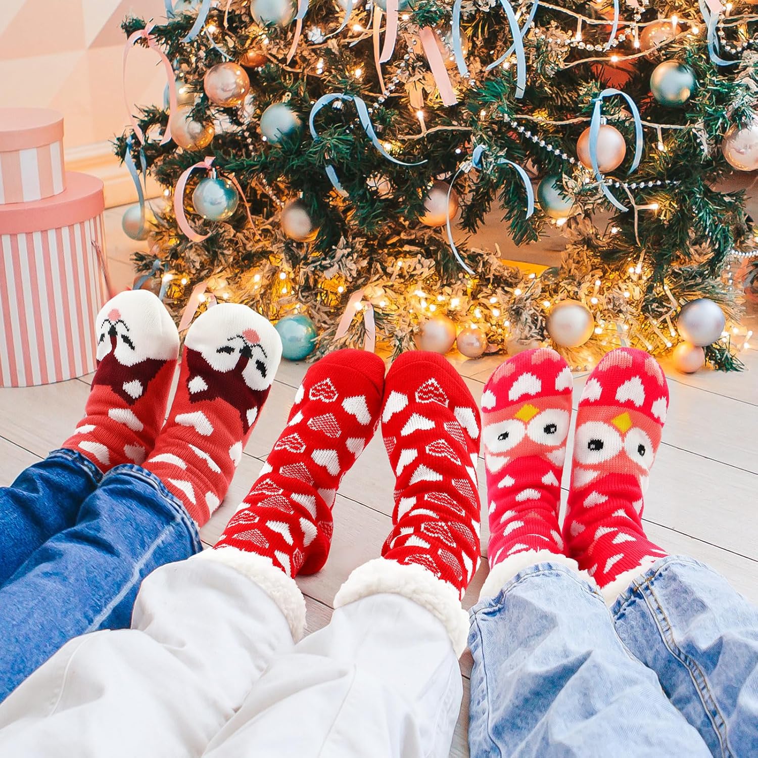 3 Pairs Valentines Fuzzy Slipper Socks for Women Heart Cute Patterns Warm Fluffy Winter Thick Thermal Plush Socks Non Slip House Stocking for Valentines Galentines Day Gifts - Image 3
