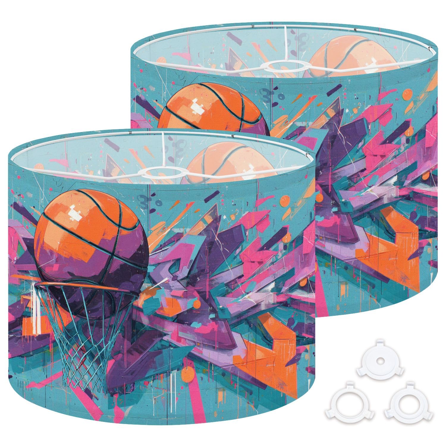 Fabric Round Drum Lamp Shade Basketball Graffiti Sports Modern Aesthetics Medium Linen Decorative Assembly Replacement Lampshades 13inch Set of 2 for Table Lamps, Floor Lamps,Ceiling Lamp