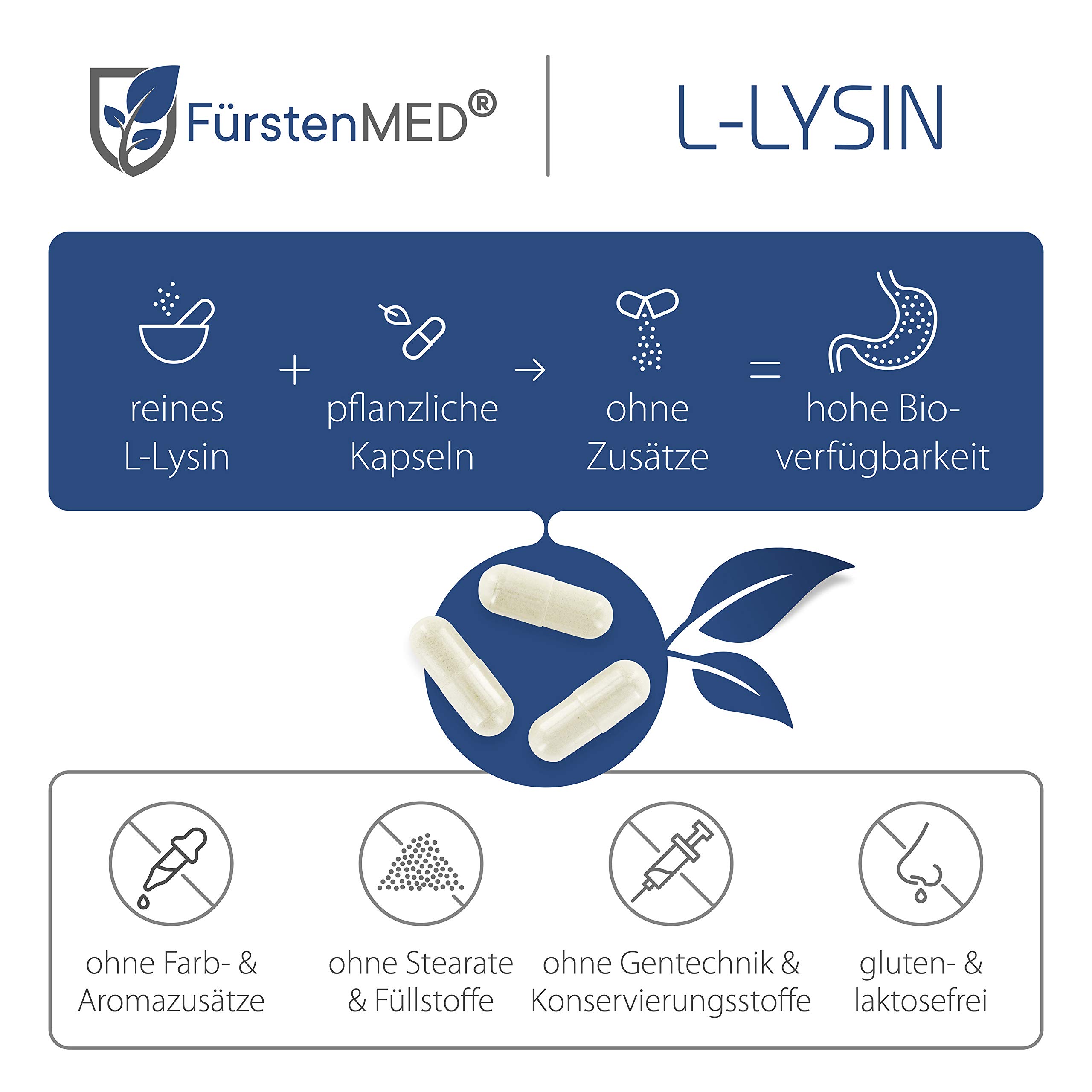 FürstenMED® L-Lysin Kapseln Hochdosiert - 1500mg Pflanzlich fermentiertes L-Lysin pro Tagesdosis - 120 Kapseln, Laborgeprüft, Vegan & Ohne Zusatzstoffe