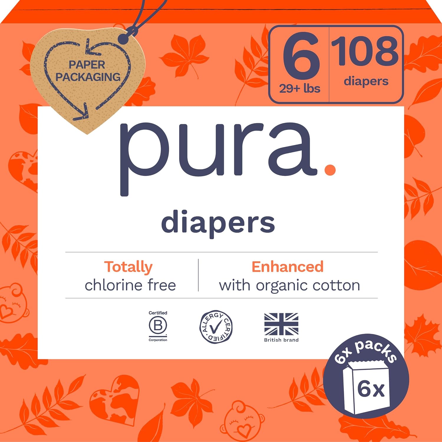 (Incomplete)Pura Size 6 Eco-Friendly Diapers (29+ lbs) Totally Chlorine Free (TCF),Hypoallergenic, Soft Organic Cotton, Sustainable, up to 12 Hours Leak Protection, Allergy UK, 18 Count (Pack of 6),Total-108 Size 6 (108 Diapers)