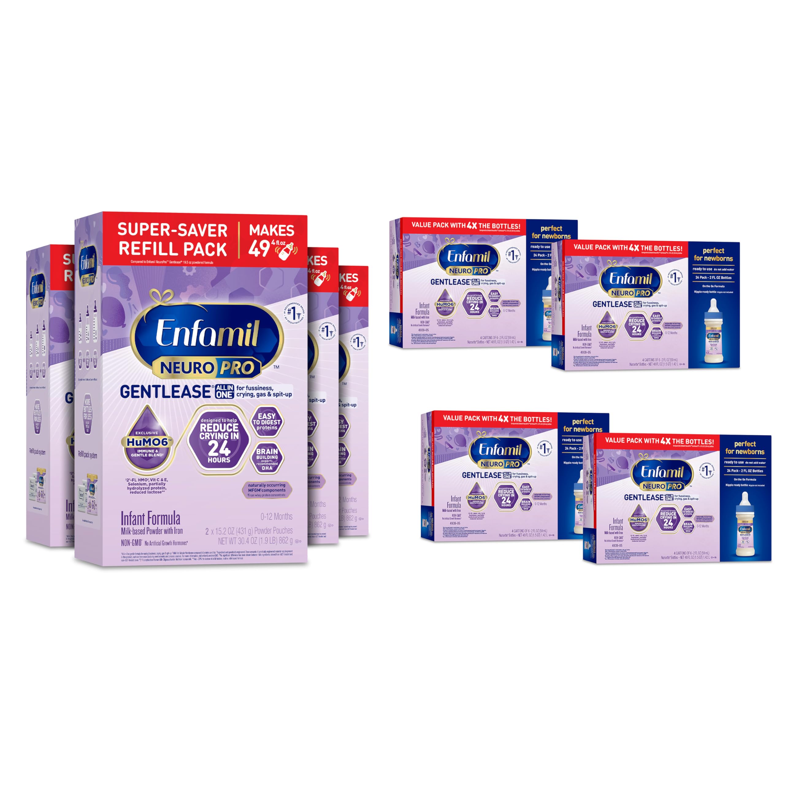EnfamilNeuroPro Gentlease Baby Formula, HuMO6 Immune Blend, Infant Formula Powder, Baby Milk, 30.4 Oz (Pack of 4) + Ready-to-Feed Infant Formula, Liquid, 2 Fl Oz (24 Count)