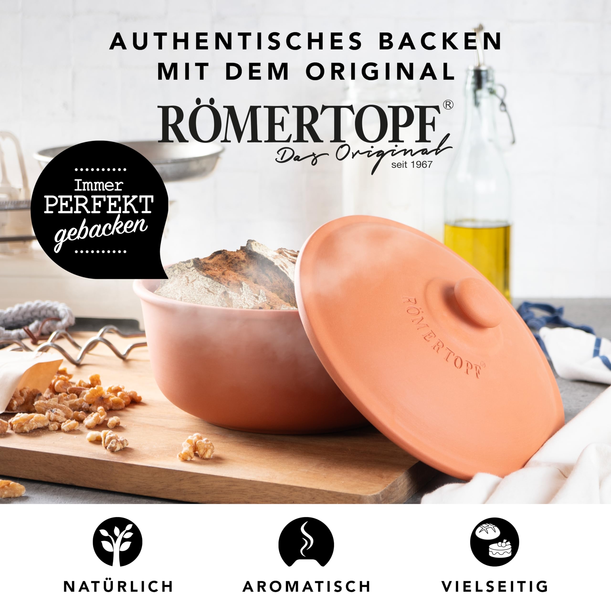 Römertopf Brot-Back-Topf aus Naturton, Ø 23 cm, runde Brotbackform mit Deckel, glasiertes Unterteil, unglasierter Deckel für Dampf/Schwaden, knusprige Kruste & luftige Krume, ofenfest