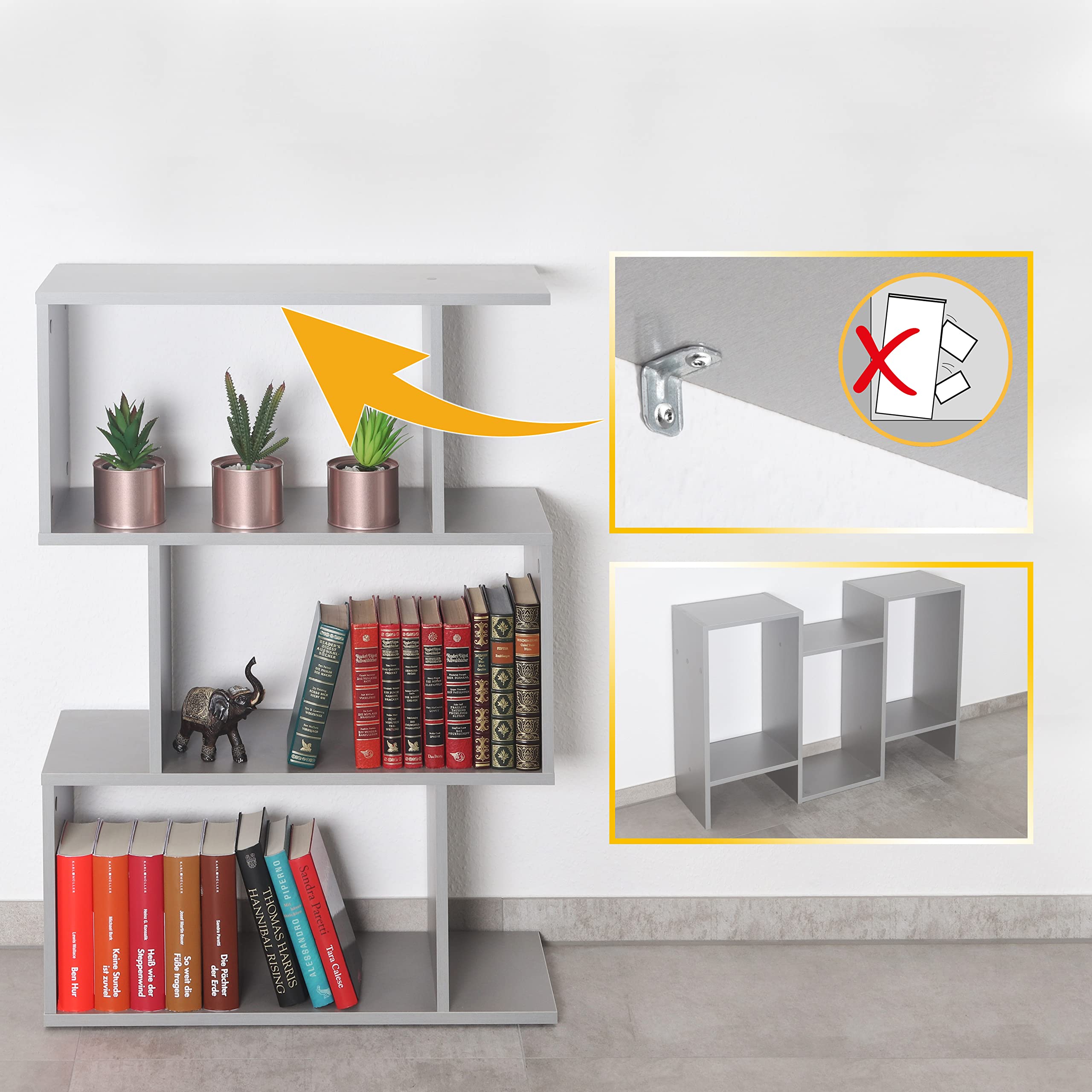 RICOO Standregal 3 Regalböden WM072-PL Raumteiler Regal schmal grau 97×70×25 cm Bücherregal Holzregal Wand Würfelregal Büroregal klein Regale & Ablagen Bookshelf Wandregal Holz