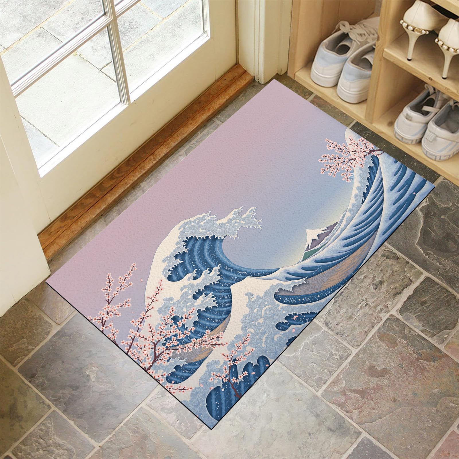 Tapis estampes japonaises entrée intérieur anti-poussière bleu