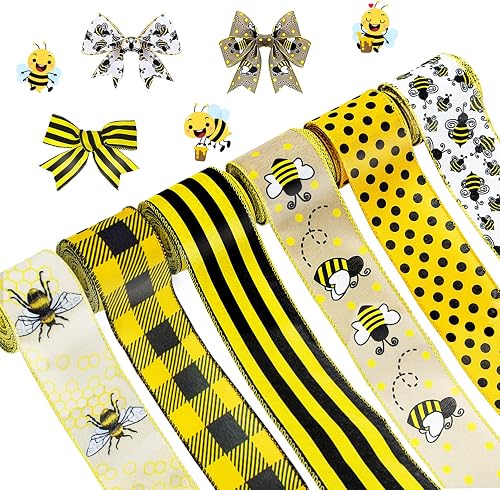 6 Rolls Bee Wired DIY Craft Fabric 40 Yards 2.5 Inch Yellow Ribbon Stripe Gingham Dot Summer Ribbon for Bows Wreaths Wrapping Party Decorative