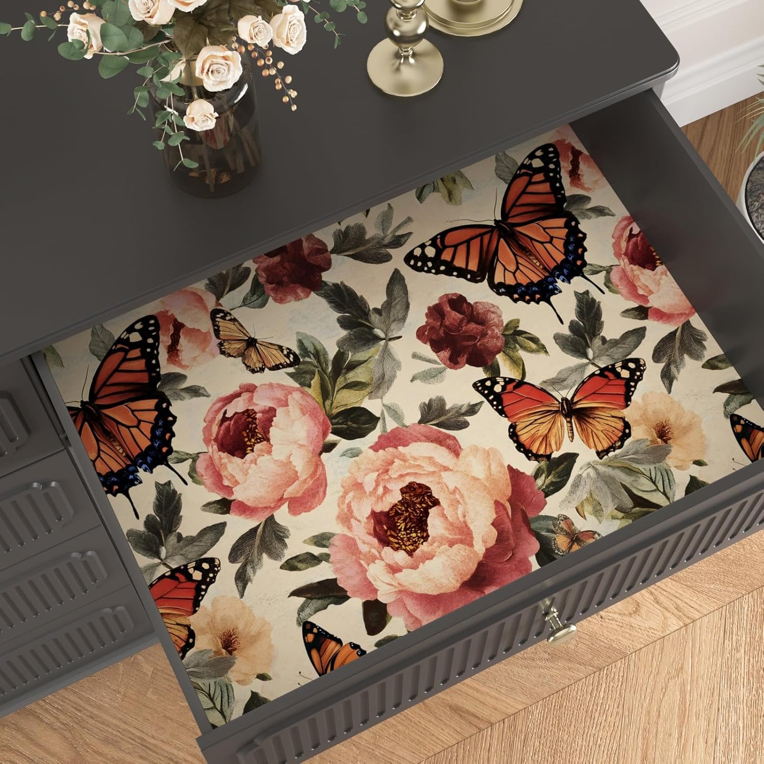 BOKEBEVE Extra Long Colorful Floral Wallpaper Peel and Stick Vintage Flower Contact Paper Boho Butterfly Wall Paper for Bedroom Bathroom Accent Wall Retro Removable 17.5 x 393.5In