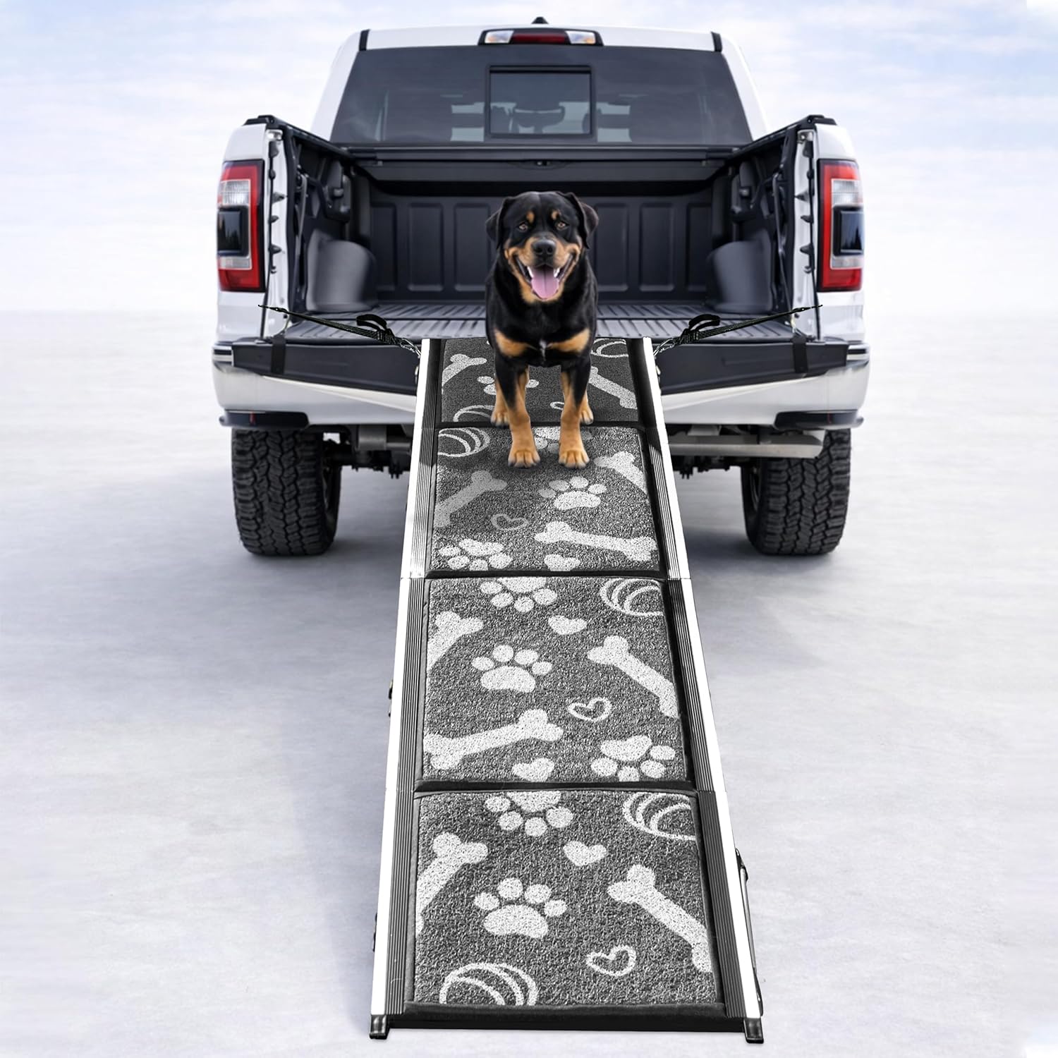 Dog Ramp for Car, SUV & Truck, 71" Long x 20" Wide, Extra Side-Strap Stability System, Non-Slip Quad-Fold Pet Ramp for Large Dogs, 250 lb Capacity (Paw Print Design)