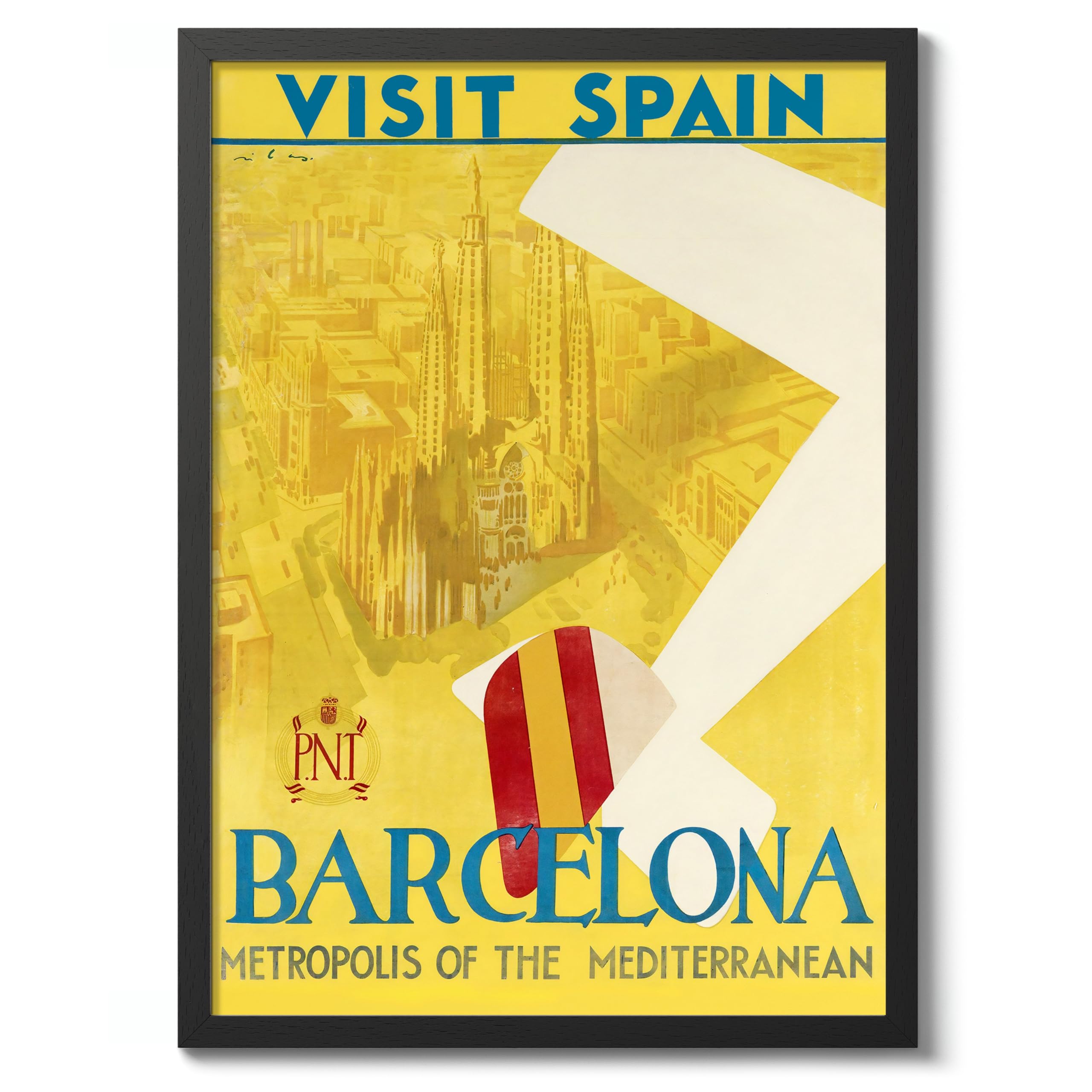 Barcelona, Spain Vintage Spanish Travel Poster, Retro Spain Tourism Print, Decoration Wall Art Seville Landmark Bedroom Decor, A3 (Black Frame) - 45x32.8cm — image 1