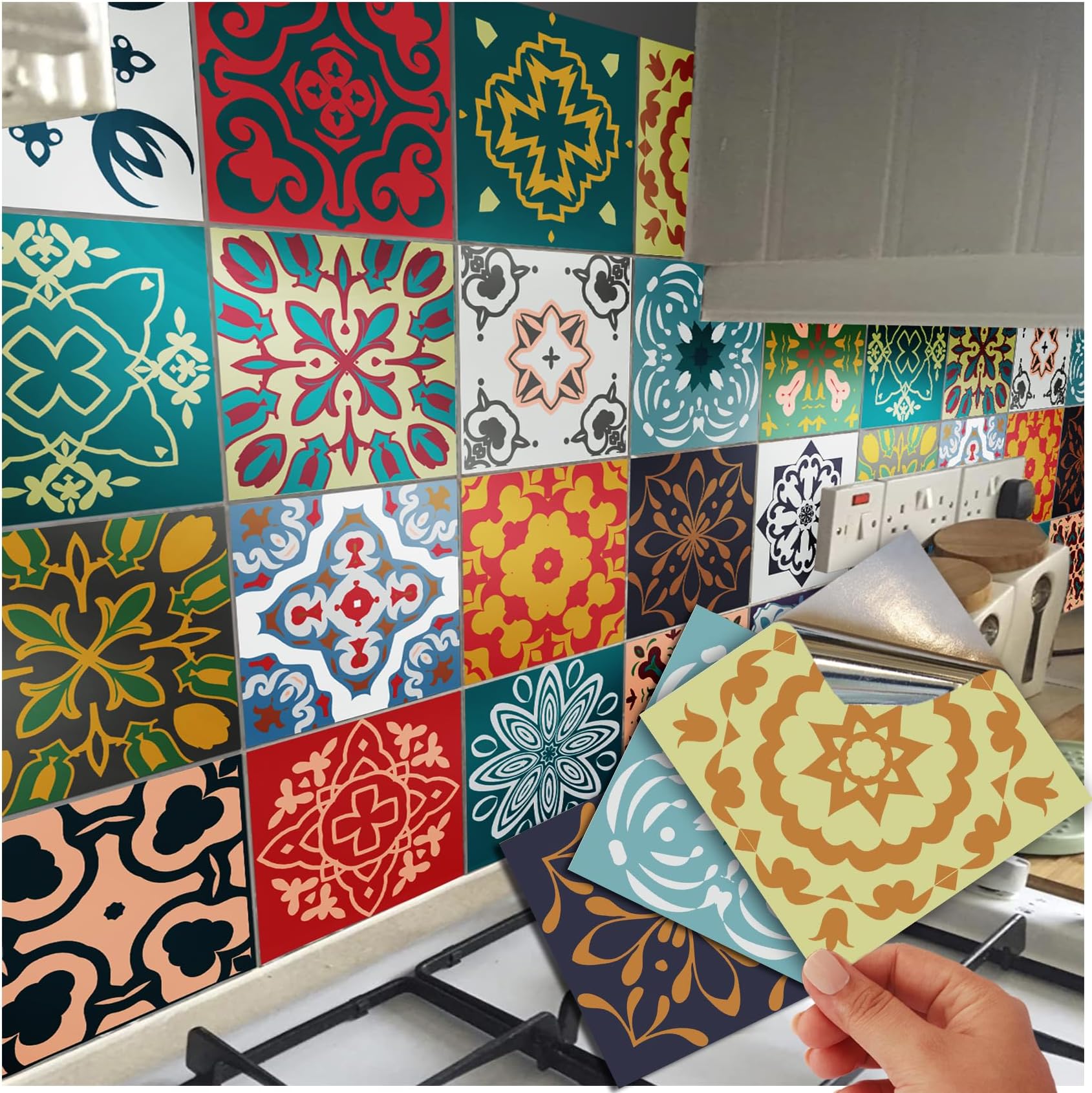 48 Tile Stickers Kitchen Victorian Mosaic Style Tile Stickers Transfers for 6x6 15x15cm Tile Kitchen Bathroom Stick On Wall Peel and Stick Tile Decals Waterproof. (6”- Pack of 48 Individual Stickers)