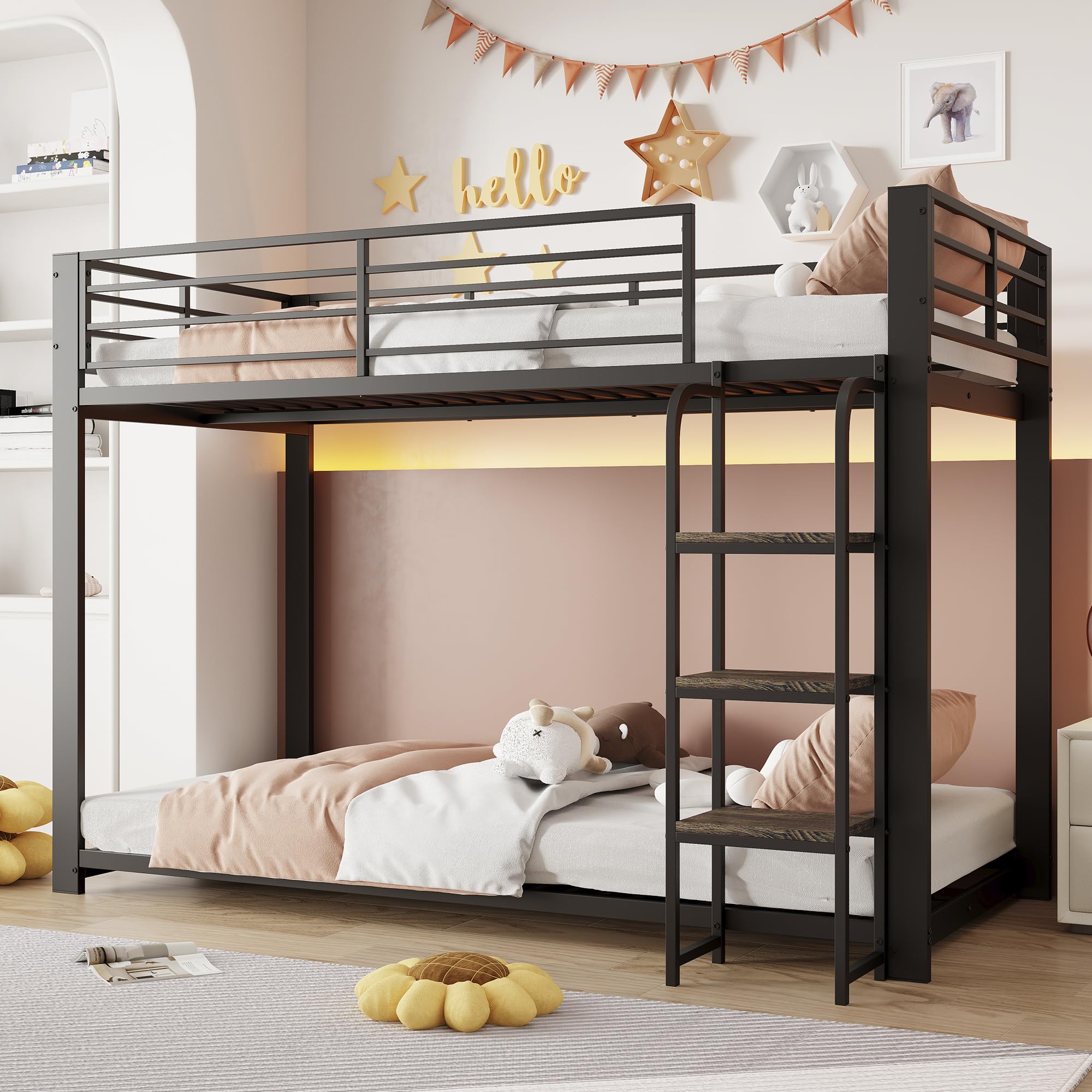 90 x 200 cm, letto a castello in metallo con ripiani in legno