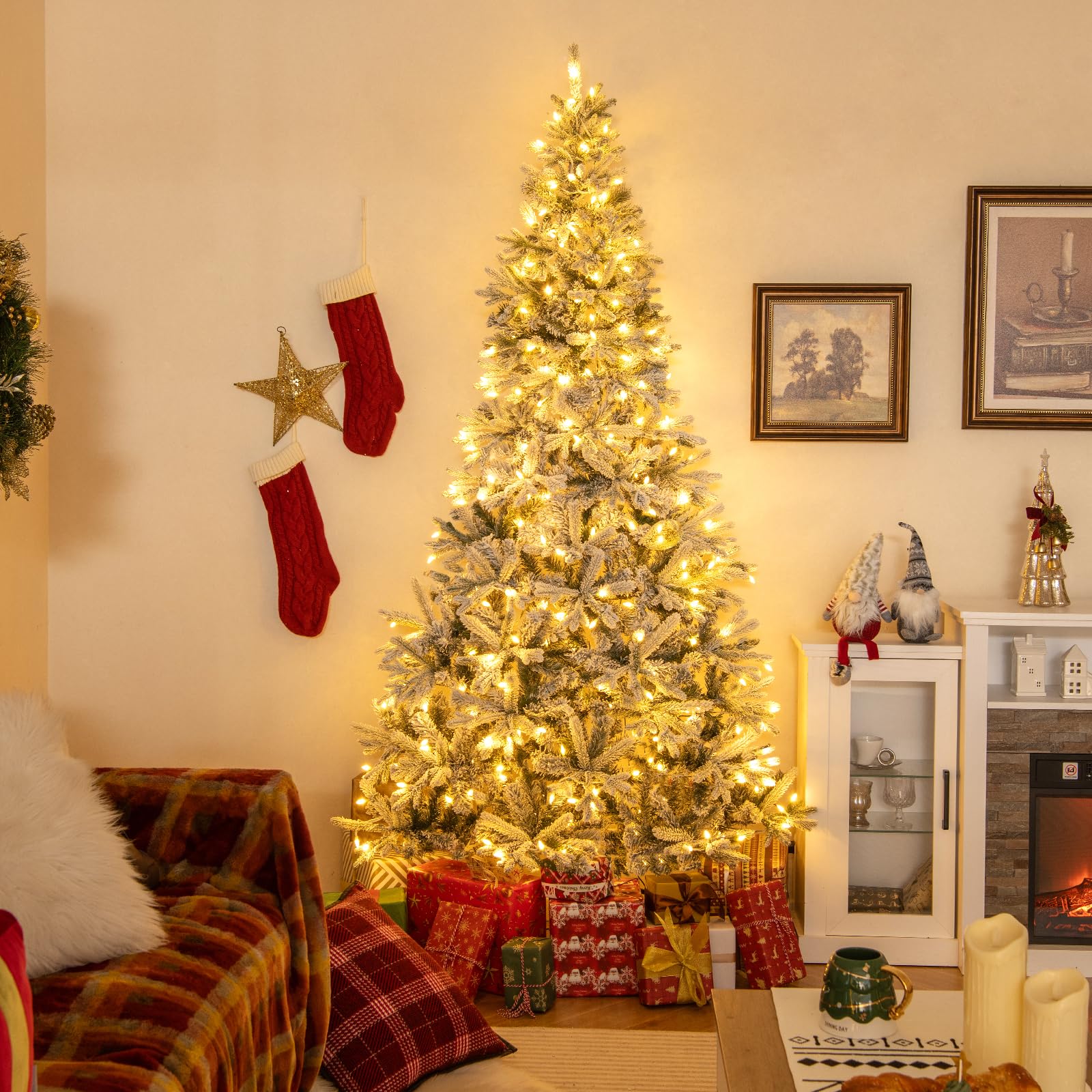 COSTWAY 180 cm Künstlicher Halber Weihnachtsbaum mit Beleuchtung und Schnee, Tannenbaum mit 180 LED-Lichtern, 9 Modi, Fernbedienung, Christbaum, Kunstbaum Weihnachten für Zuhause