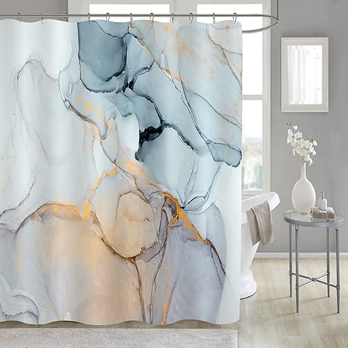 Gibelle Cortina de ducha abstracta de mármol, cortina de ducha de tela azul y gris para baño, decoración moderna de arte de tinta impermeable, juego