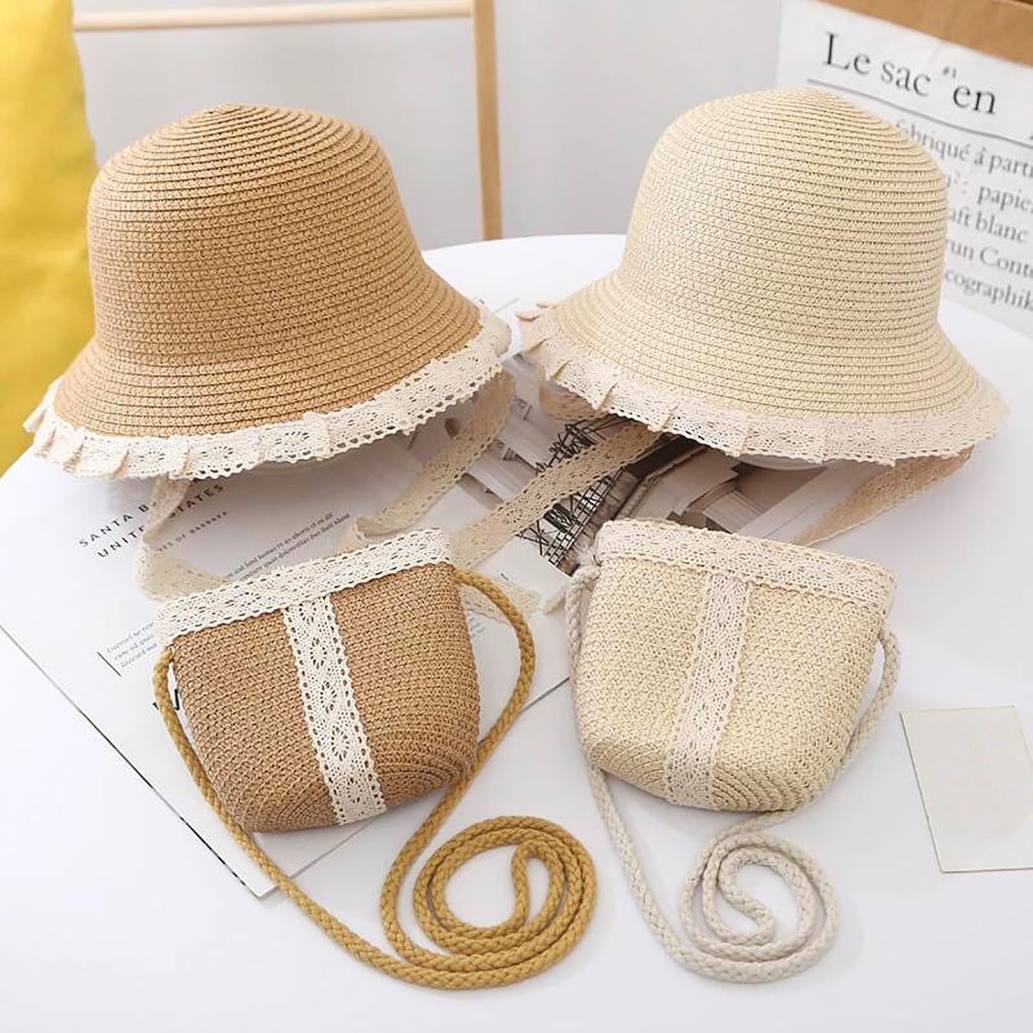 Girls Summer Straw Hat with Cross Body Bag Lovely Princess Buckst Hat Mini Purse Set Baby Girl Beach Sun Cap for Kids - Image 5