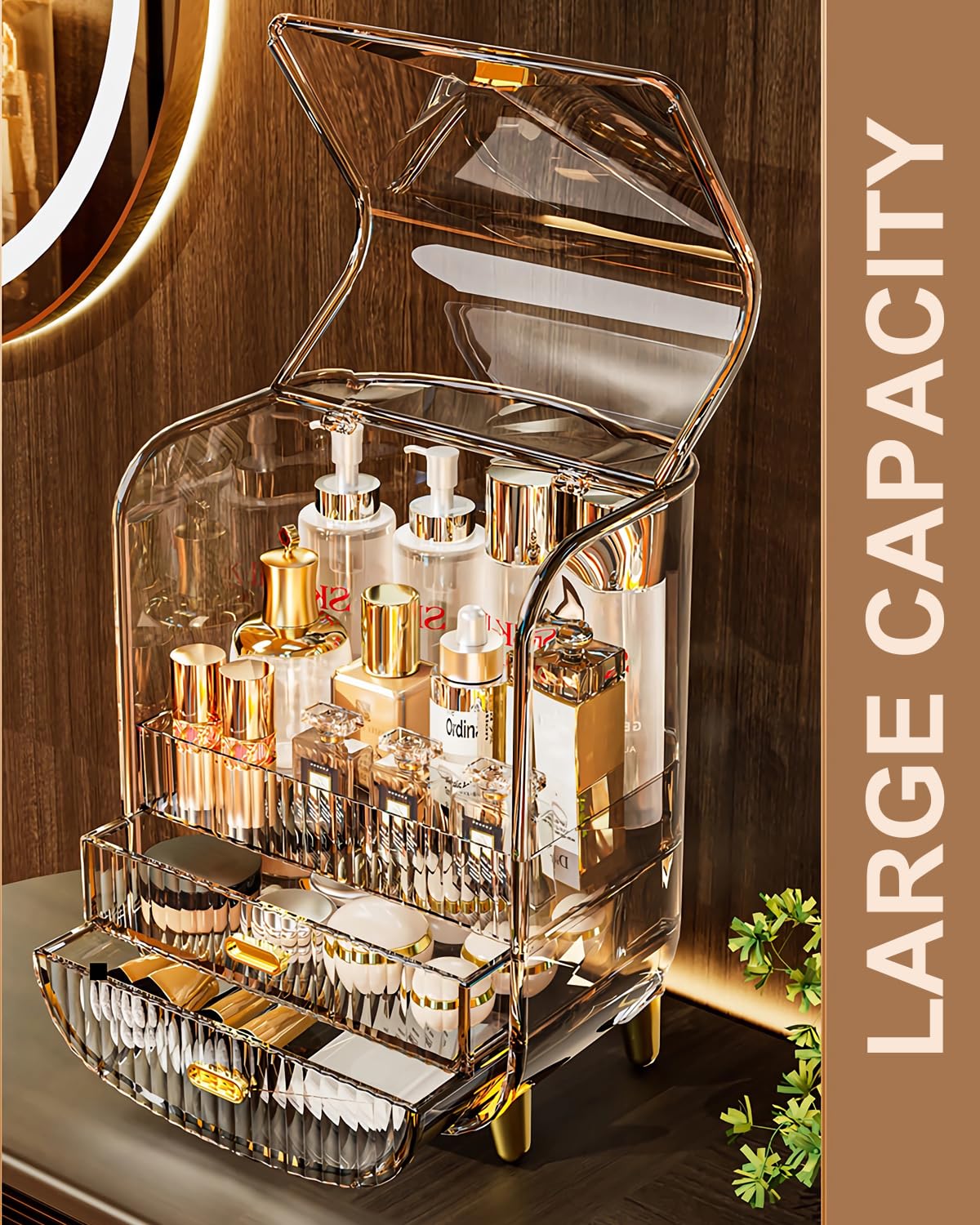 Organizador de maquillaje, organizador de maquillaje de gran capacidad para tocador, a prueba de polvo, impermeable, con cajones para el cuidado de la piel, lápiz labial, brochas y joyas