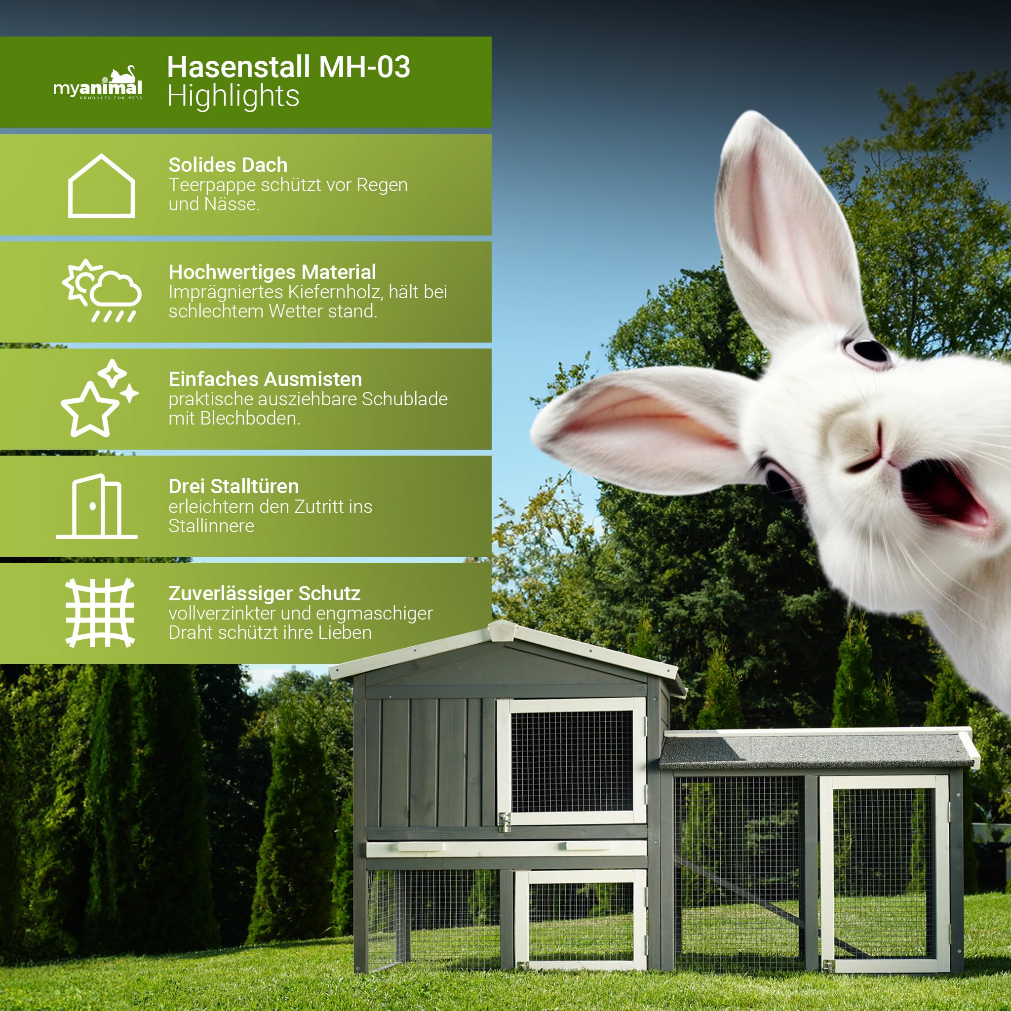 Miweba MyAnimal Hasenstall MH-03 | Kaninchenstall mit Freilaufgehege - Hasenkäfig - Kleintierkäfig - Holz imprägniert - Kaninchenkäfig Winterfest - Kleintiergehege - Käfig - Hasenhaus (Grau/Weiß)