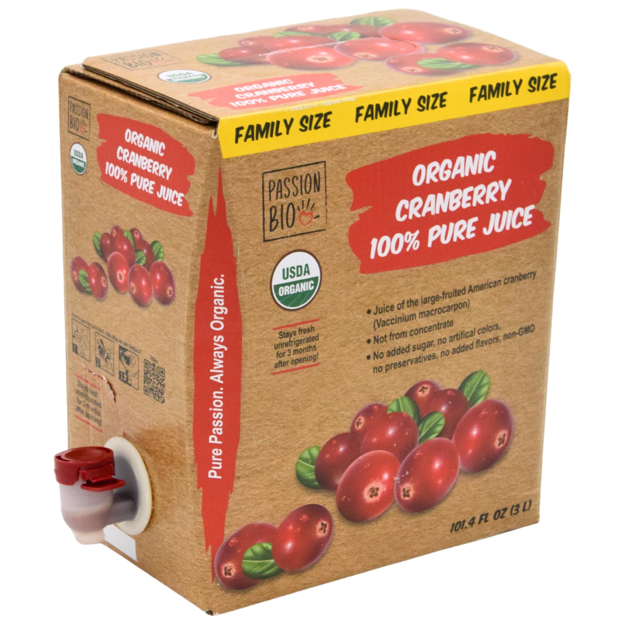 Organic Cranberry Juice Box 101.4 Fl Oz | Pure Fruit Juice, Not From Concentrate | Organic, Vegan, Non-GMO | No Added Sugar, Easy-Pour Tap Packaging