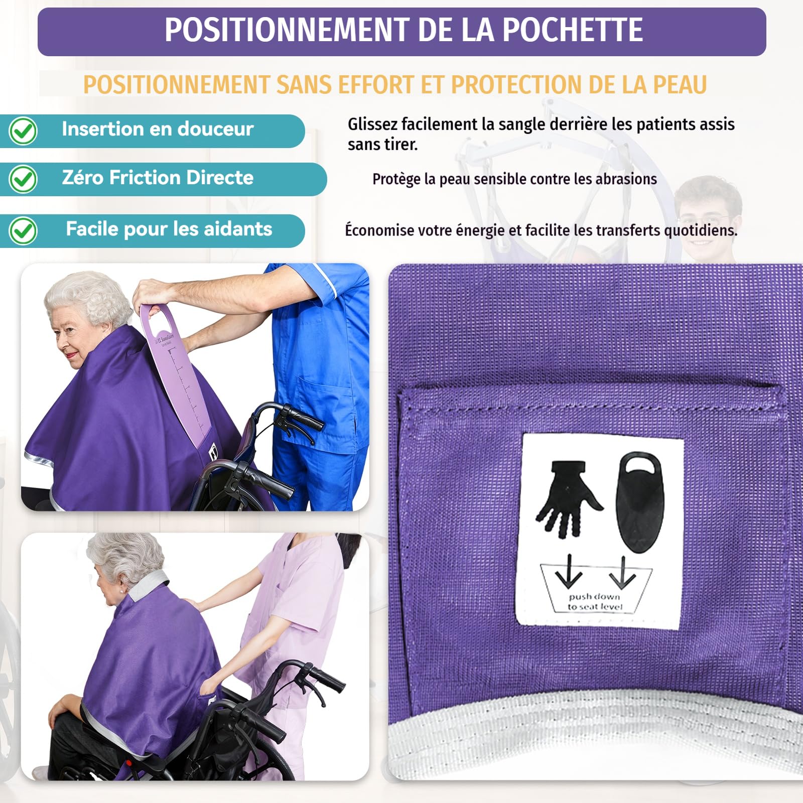 EZ Assistive - Correa de elevación para pacientes con patas separadas con soporte lumbar, correa de transferencia y posicionamiento, capacidad de carga 227 kg (púrpura, pequeña)