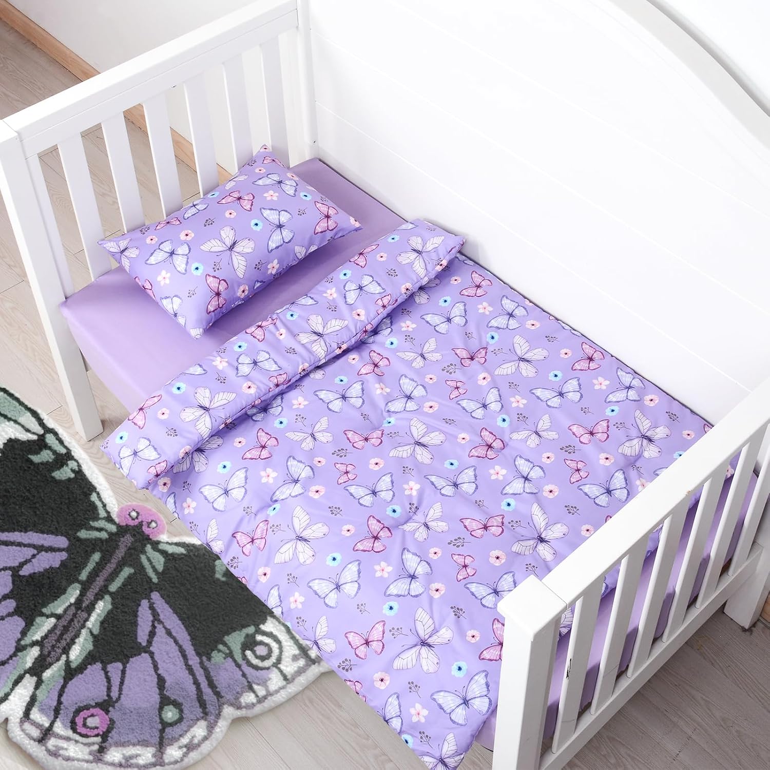 JISEN 3 Piece Crib Bedding Set Soft Baby Crib Bedding Set Butterfly Crib Comforter Set - Comforter Sheet Pillowcase Nursery Bedding Sets for Baby Girls or Boys Purple