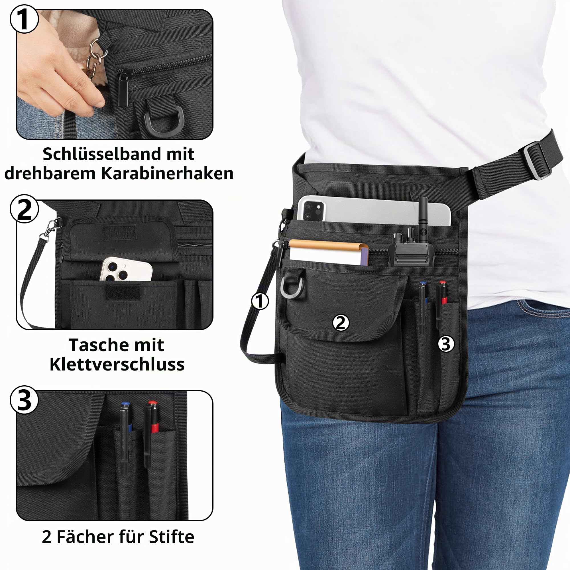 Rexmica Kellnerschürze mit Mehreren Taschen, Kellner Küchenschürze mit Verstellbarem Gürtel, Hüfttasche für Kellner, Kochschürze, Schürze für Männer und Frauen, Geeignet für Restaurant, Bistro, Café