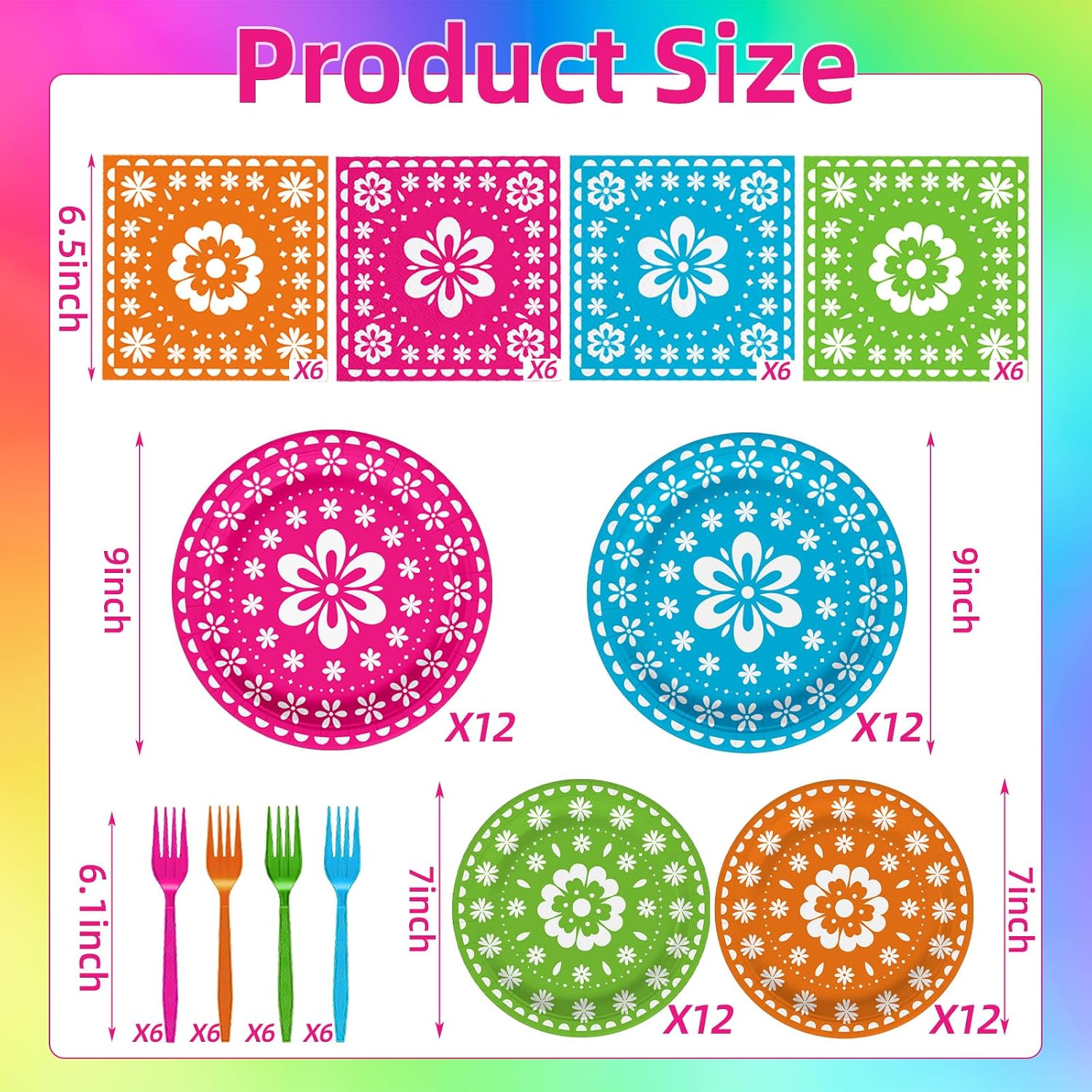 96 Pcs Mexican Fiesta Party Supplies Set, Serves 24 – Colorful Papel Picado Floral Paper Plates, Napkins, and Forks, Disposable Tableware for Cinco de Mayo, Birthday, and Fiesta Themed Decorations image 2