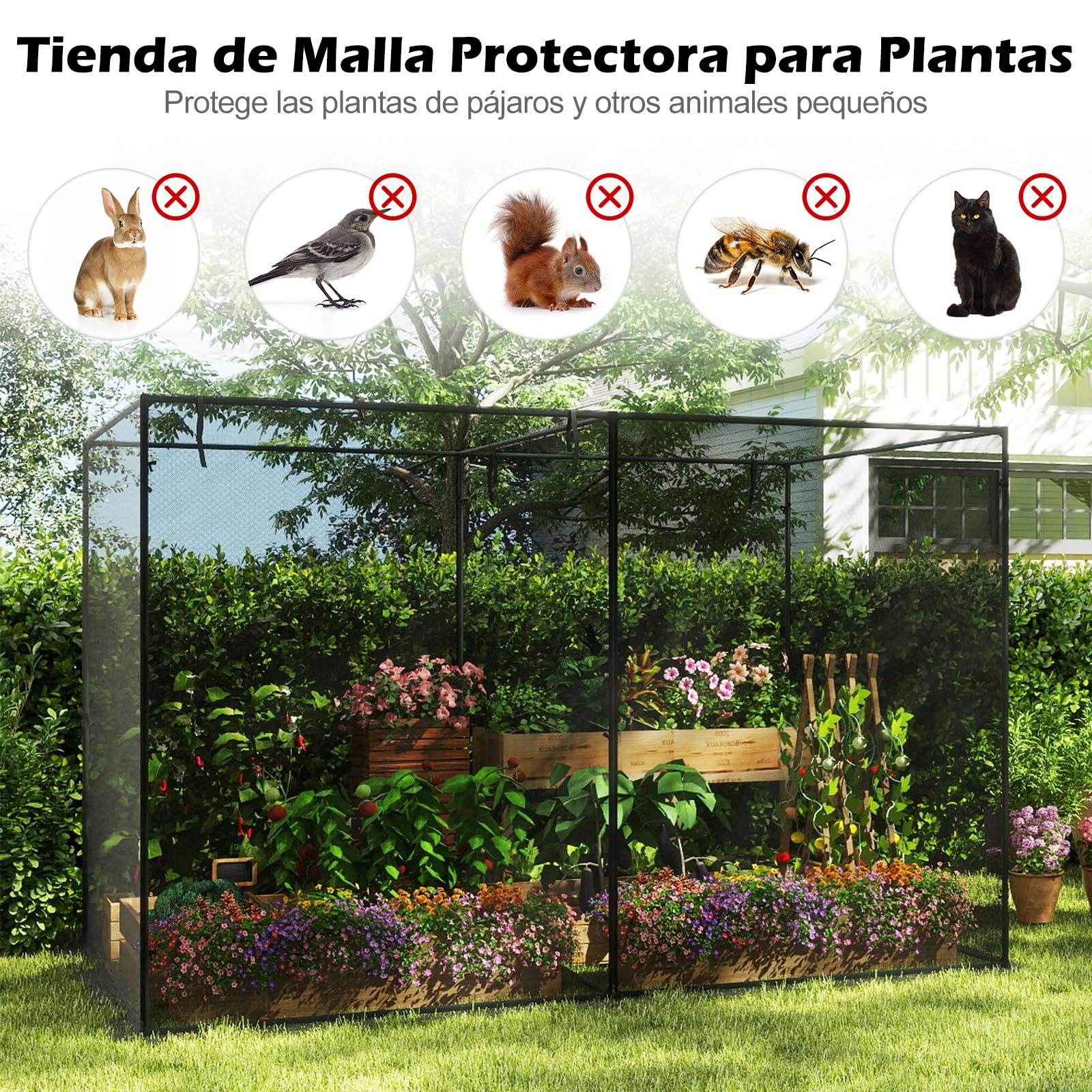 COSTWAY Red Protección para Plantas, Malla Antipájaros con Estructura de Metal, Puerta Enrollable con Cremalleras, Red Protectora contra Insectos con Malla Fina, para Verduras, Flores, 310x200x200 cm