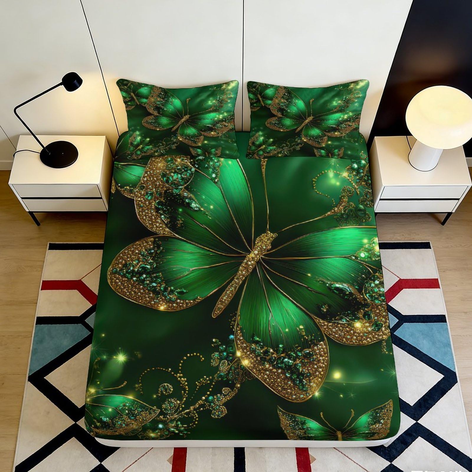 Dhbaneiok Style-4 3D Printed Emerald Butterfly Fitted Sheet Microfiber Anti-Slip Bed Sheet Decor For Bedroom Guest Room Dorm Mattress Protection 90X200x25cm