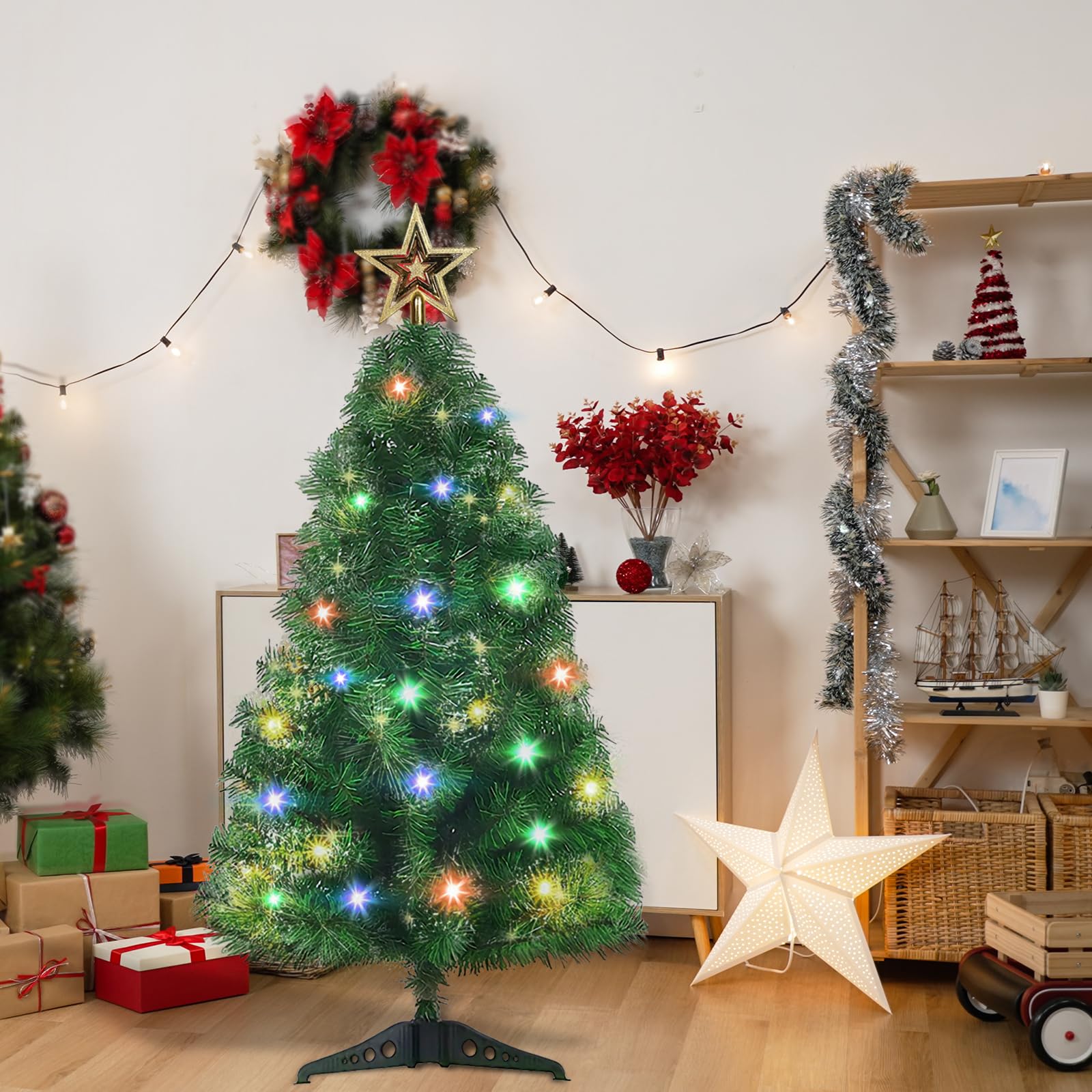Mini sapin de Noël artificiel de table de 0,9 m avec 140 branches et lumières, petit sapin de Noël pour appartement, bureau, décoration de fête, vert