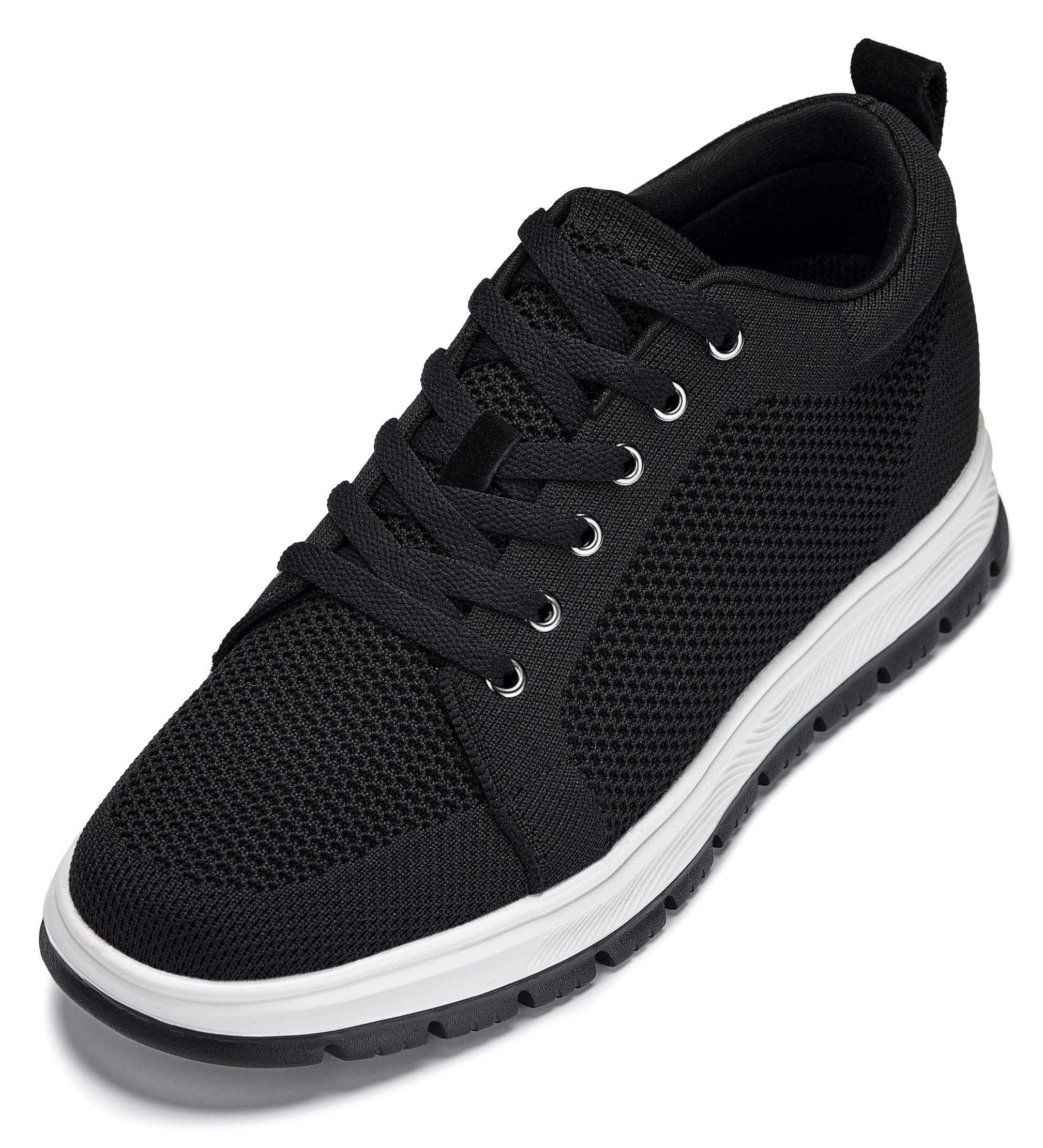 CALTO Men's Invisible Height Increasing Elevator Casual Shoes - Black/White & Black Sole Light-Weight Lace-up Knitted Casual Sporty Sneakers - 2.4