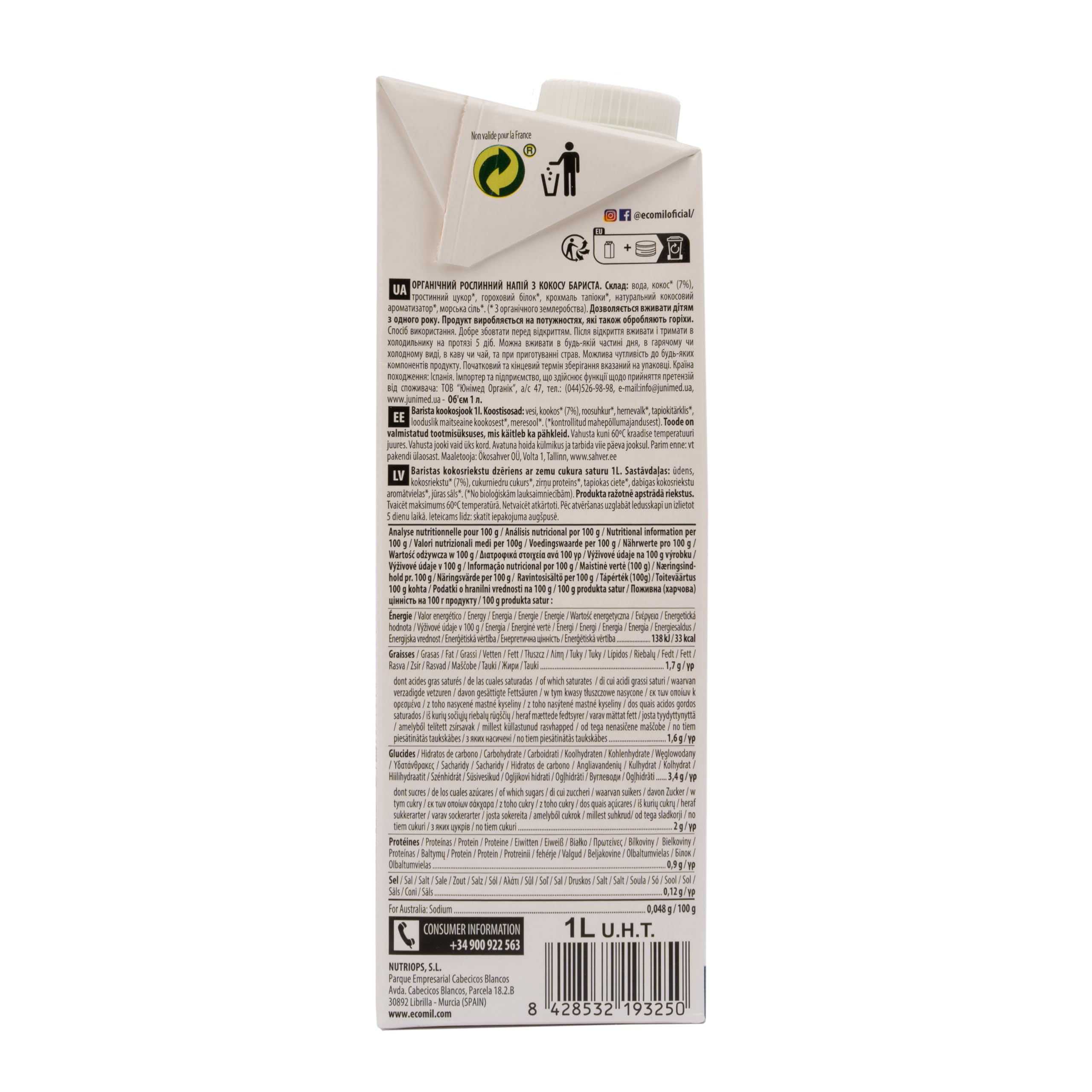 Ecomil Bebida Vegetal Barista de Coco Bio Pack 6 x 1L, Sin Lactosa