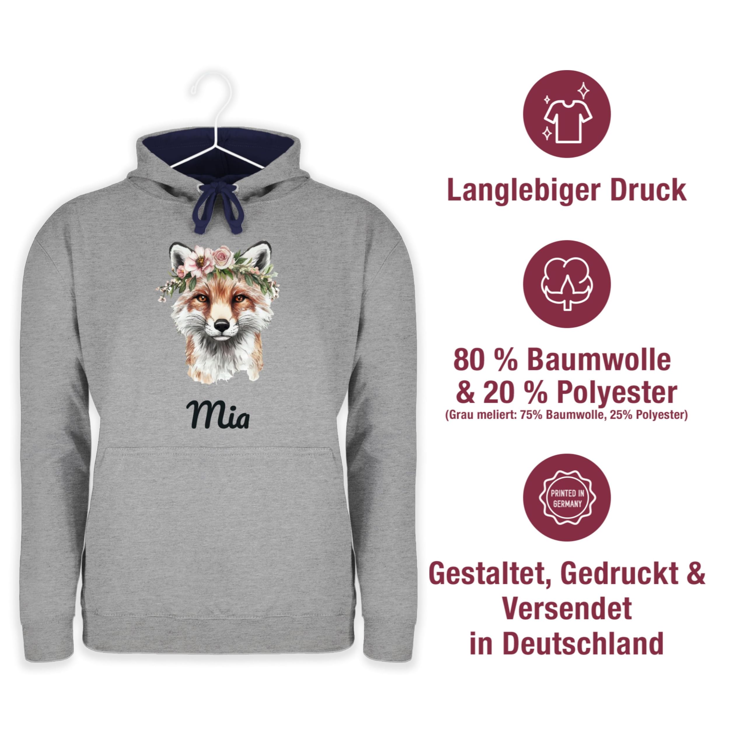Geschenk mit Namen personalisiert by Shirtracer - Pullover Herren Frauen Hoodie Kontrast zweifarbig - Fuchs - Fuchsmotiv | Geschenk für Fuchsliebhaber | Tierfreunde | Clever Fox