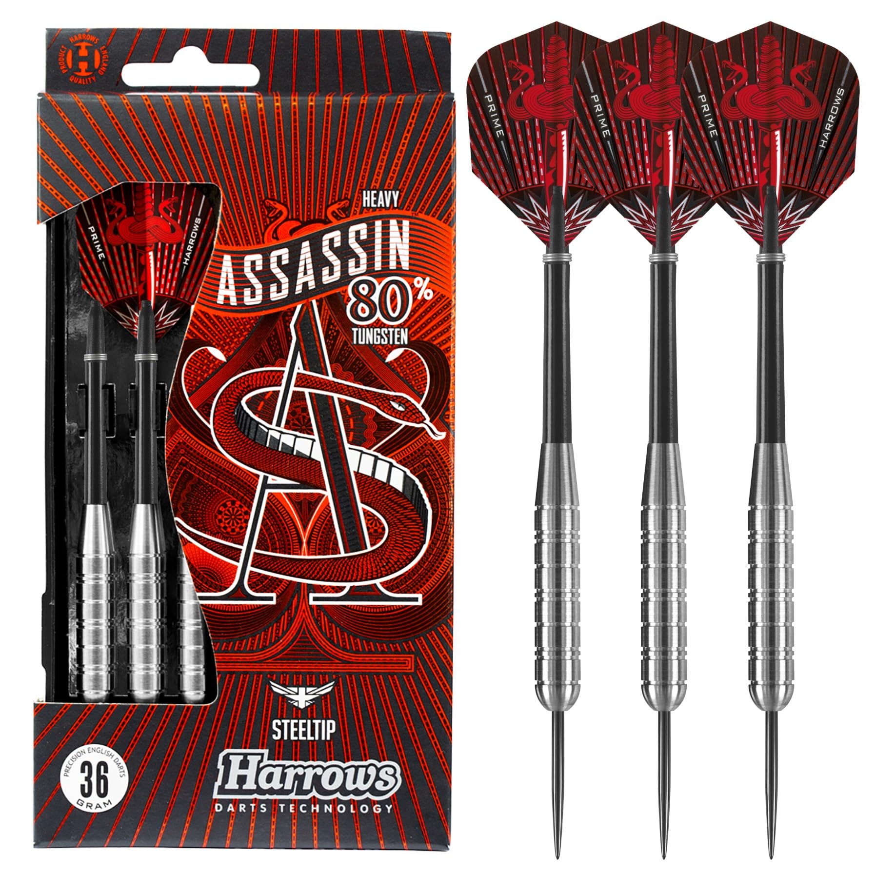 Harrows Assassin Tungsten Darts | Steel Darts Set with Carry Case | Available in 30g, 32g, 34g, 36g, 38g & 40g | Includes Nylon Shafts, 100-Micron Prime Flights, and Travel Case (36g) — image 1