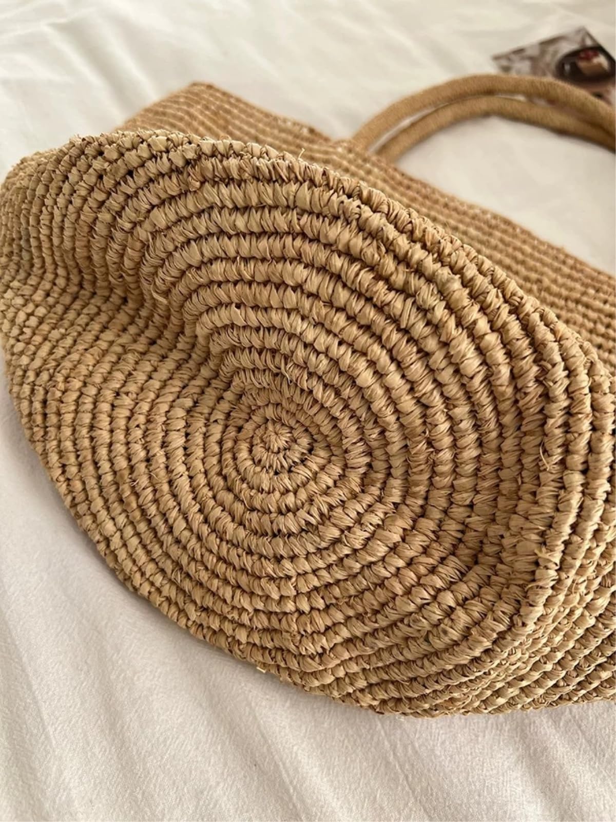 Strohtasche Damen Stroh Häkelte Handgefertigte Taschen, Urlaub Strandtaschen, Gewebte Sommer Strandtaschen-Khaki