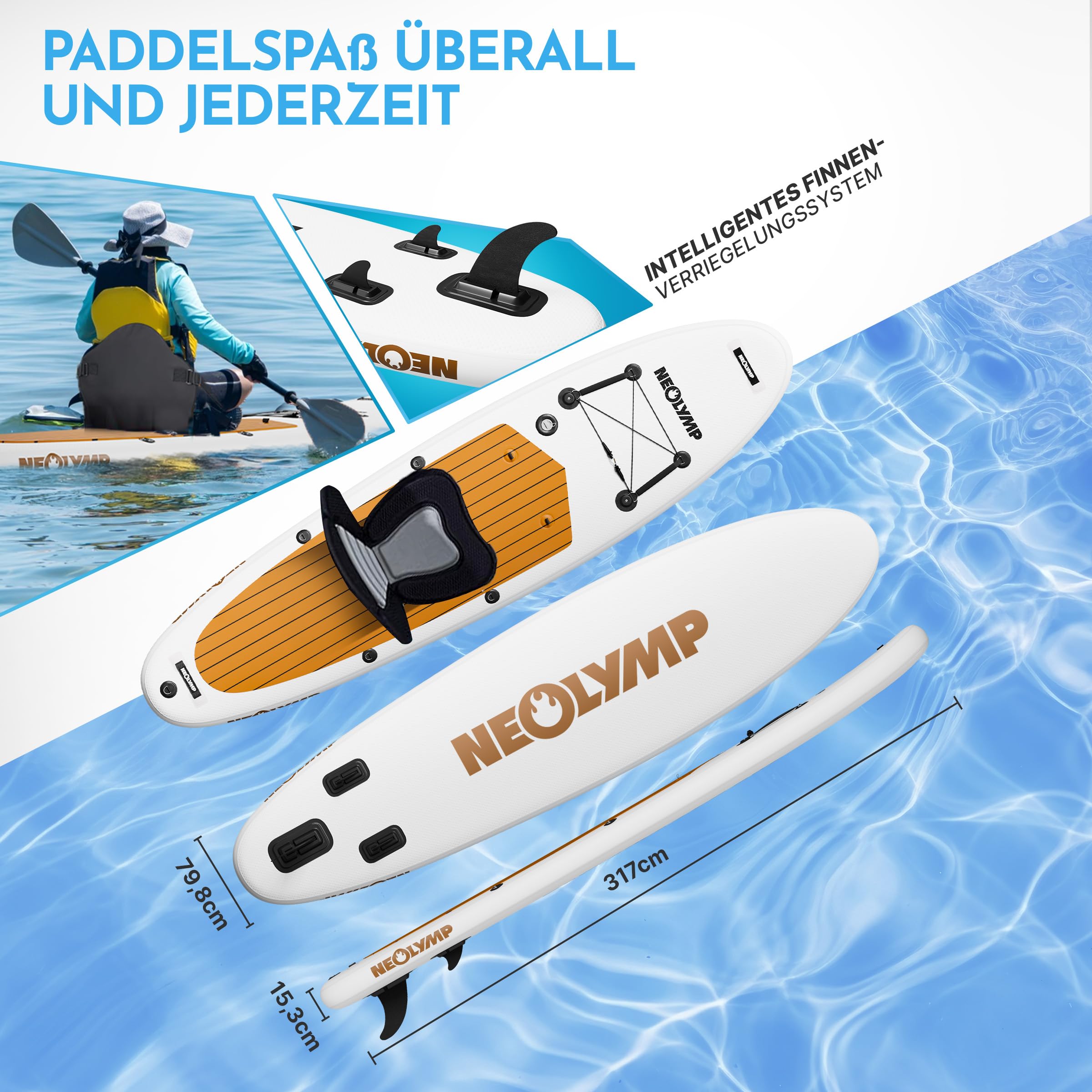 NEOLYMP Aufblasbares Stand Up Paddle Board 315 cm – SUP Komplett-Set 13-TLG. inkl. Kajaksitz, E-Book, Pumpe & Rucksack – für Kinder & Erwachsene – 150 kg Traglast – Paddleboard aufblasbar mit Zubehör
