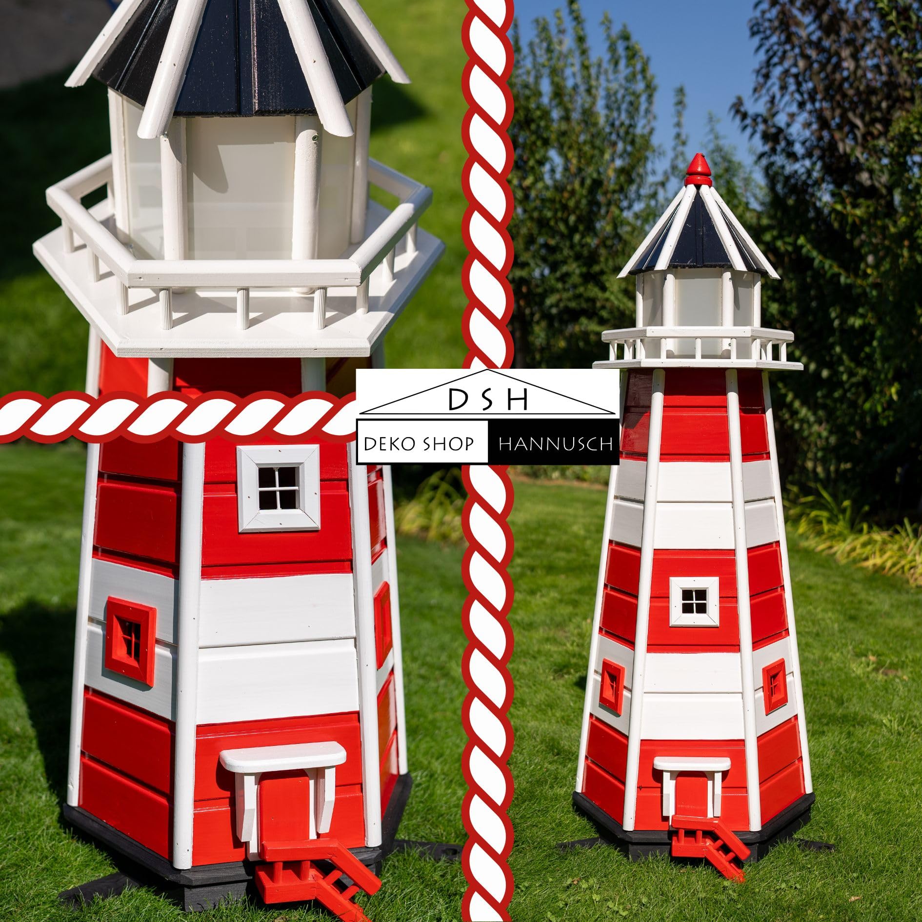 Deko-Shop-Hannusch Wunderschöner großer XXL Leuchtturm aus Holz mit SOLAR Beleuchtung Größen, Solarbeleuchtung, (rot/Weiss, 1,10 m)