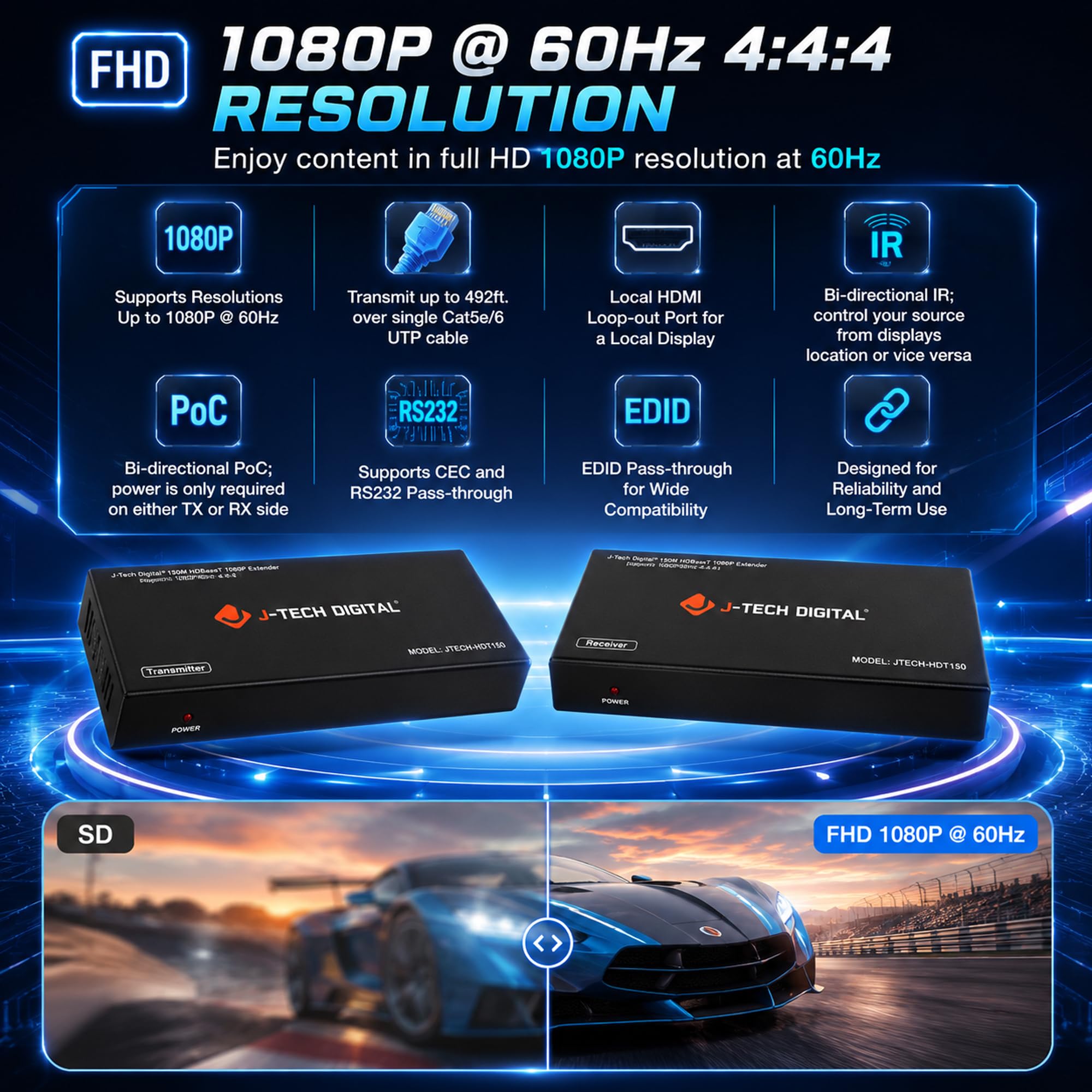 J-Tech Digital Extender HDMI a lungo raggio su Cat6 150 m/492ft HDBaseT 1080P Extender PoC, IR bidirezionale, supporta Dolby Digital, DTS, con passthrough EDID, CEC e RS-232 (JTECH-HDT150)