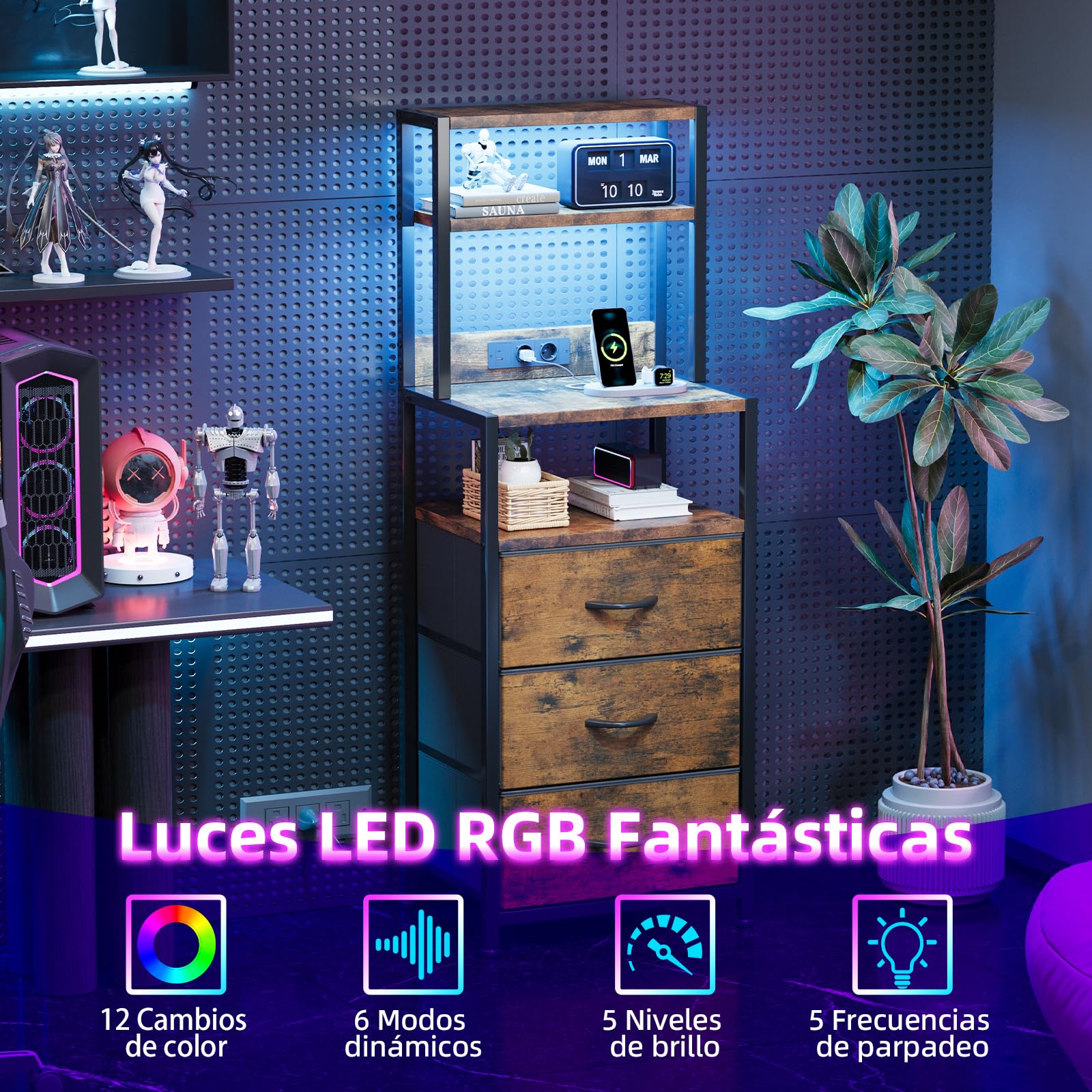 Caiyun Mesita de noche con LED y función de carga, mesa auxiliar con 4 niveles de almacenamiento, mesa de sofá con 3 cajones de tela, mesitas de noche con estante para libros, mesa auxiliar