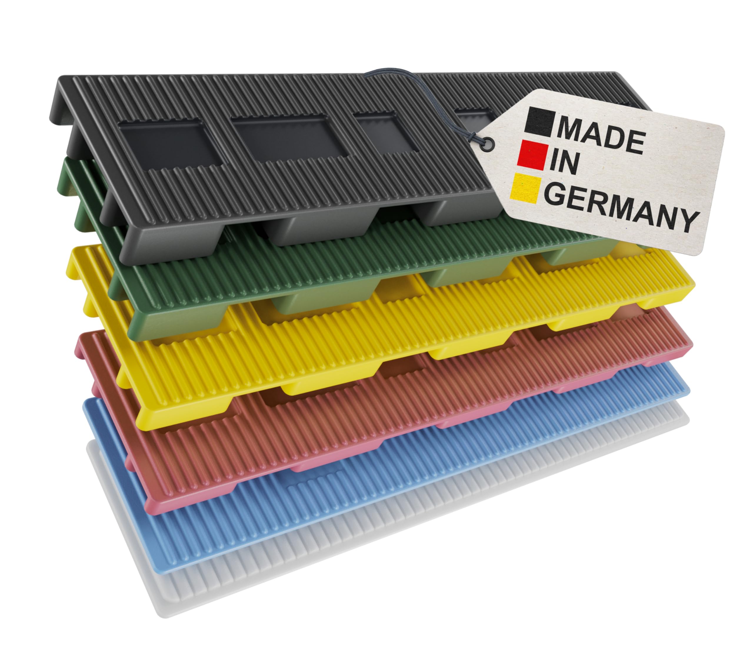 BAUHELD Profi Abstandshalter Set 100x24 mm - 1-6 mm [100 Stück] - Universelle Unterlegplatten aus Kunststoff [Made in Germany] - Verglasungsklötze Unterlegkeile mit intelligentem Belüftungssystem