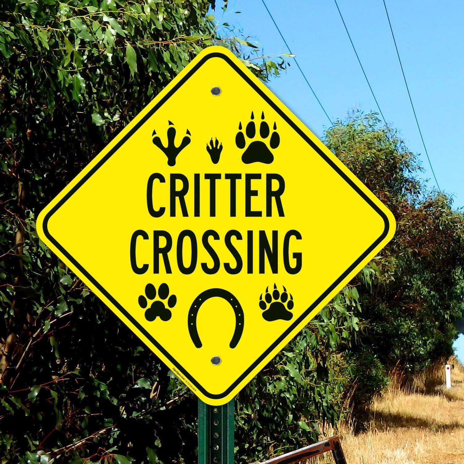 Critter Crossing with Paw Mark Graphic Sign, 18x18 Inches, Rust Free .063 Aluminum, Fade Resistant, Made in USA