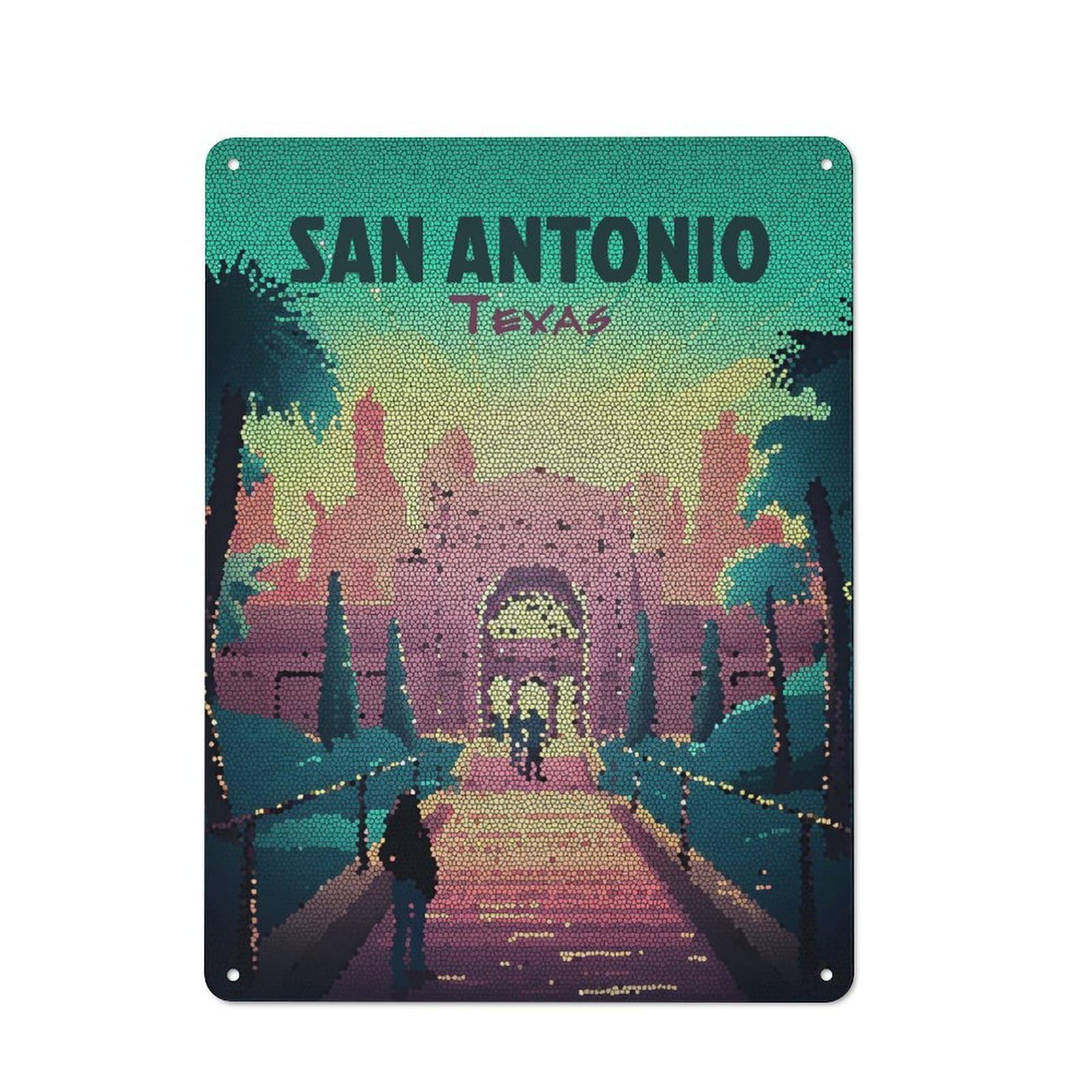 Junmoney Style-18 Metal Wall Plaque With San Antonio Texas Mosaic Art Design 40X30cm, Simple Retro Studio Wall Plaque For Hobby Room, Office, Lounge Or Living Room