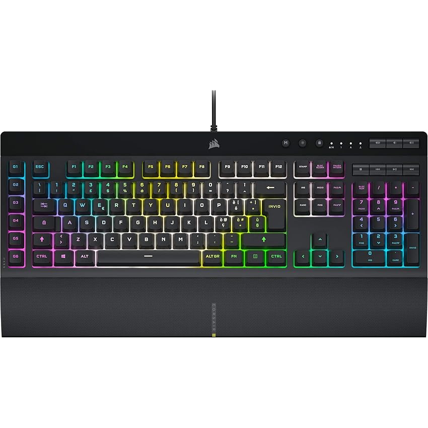 Immagine del prodotto Corsair K55 RGB PRO XT Tastiera da Gioco Cablata a Membrana - IP42 Resistente Alla Polvere e Liquidi - 6 Tasti Macro con Integrazione Elgato - iCUE - QWERTY IT - PC, Mac, Xbox - Nero