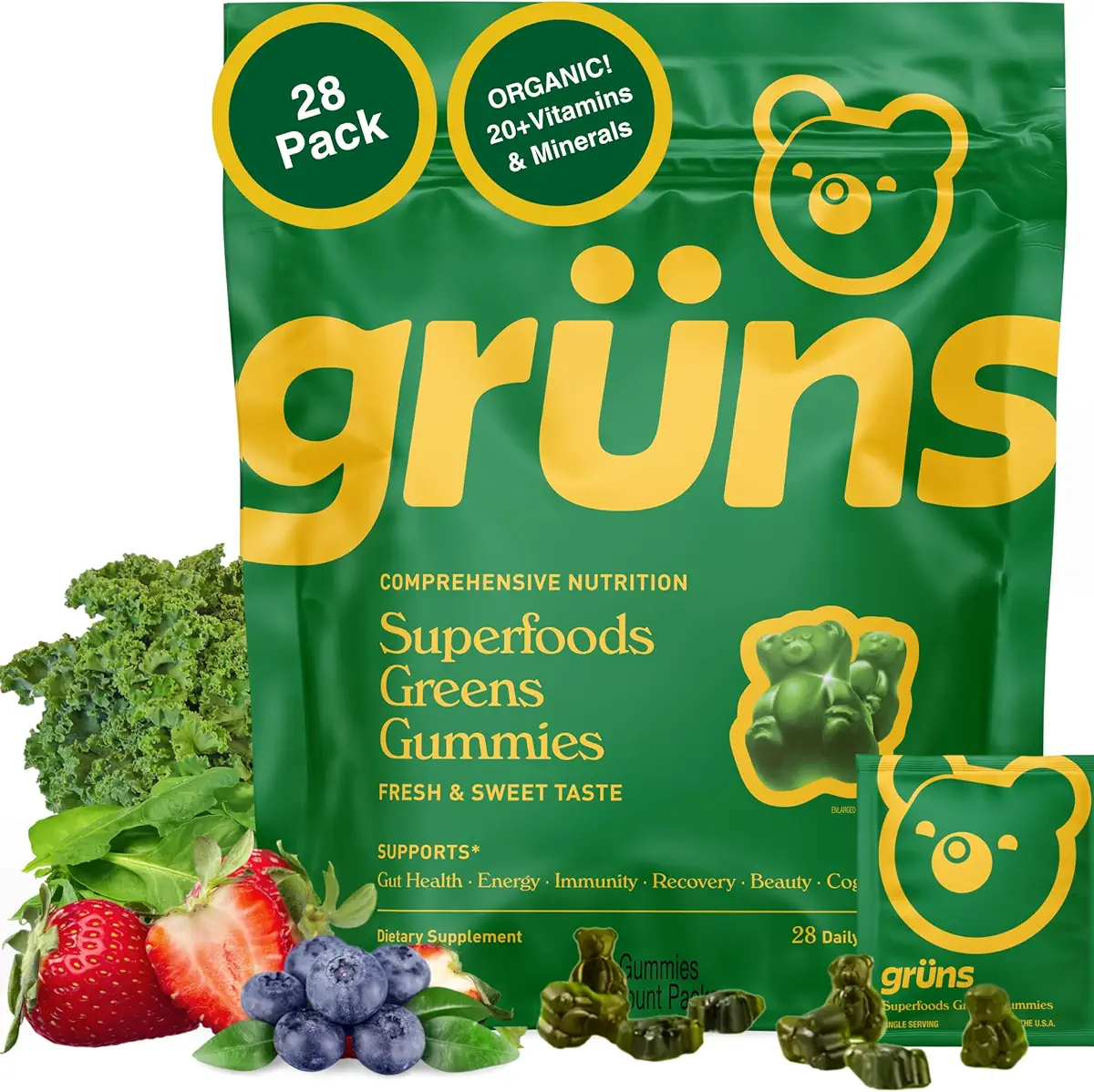 Gruns Adults Super Greens Multivitamin Gummies, Superfood Vitamin Gummy Bears with Spirulina, Chlorella, Prebiotic Fiber for Digestive Health, Adaptogens Supplement, 20 Vitamins &amp; Minerals, 28 Count