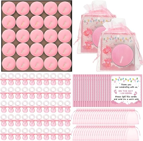 Miniatura 7 de Ctosree 50 juegos de regalos de baby shower para invitados, 50 lindos chupetes de bebé, 50 velas de luz de té, 50 etiquetas de agradecimiento, 50