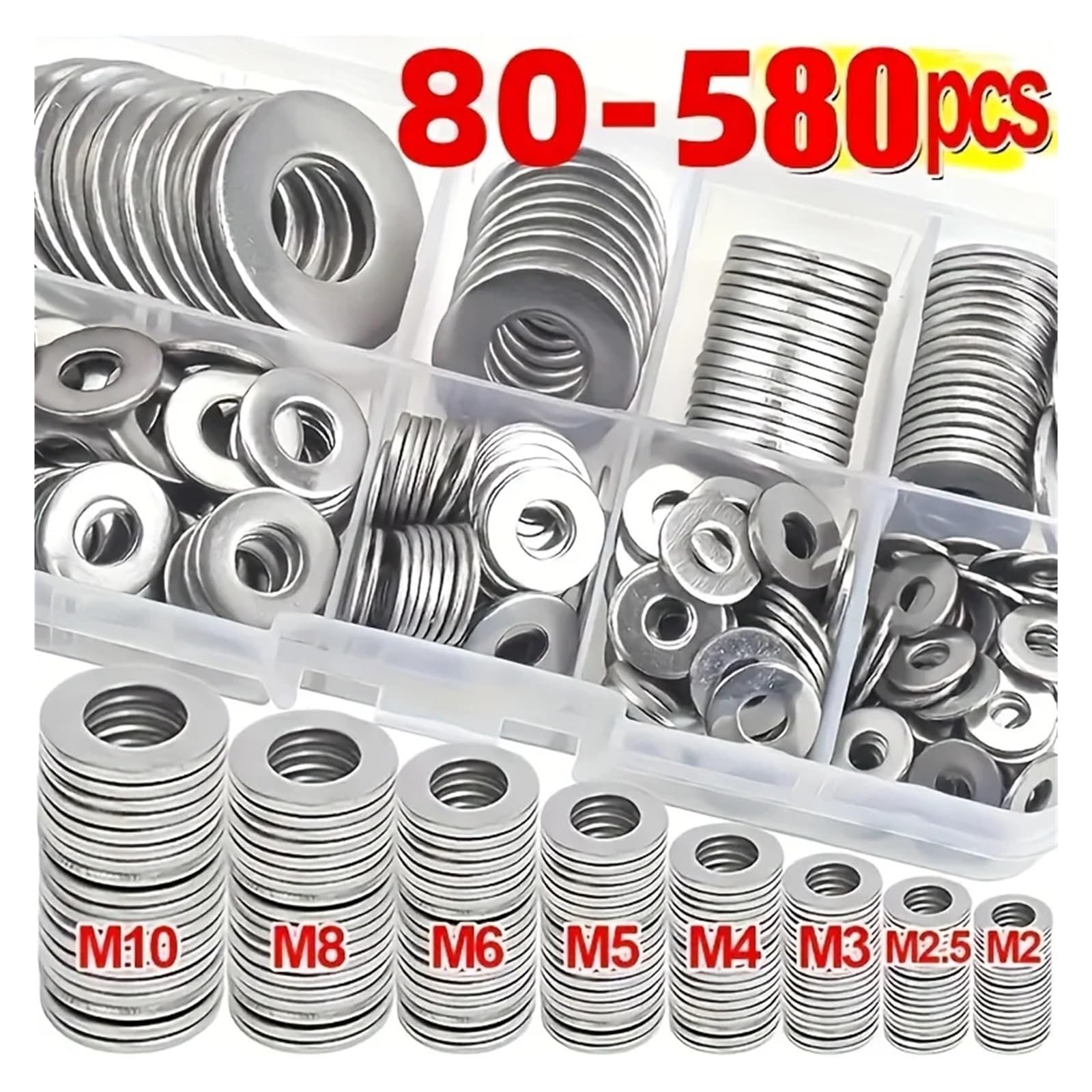 Assortiment de rondelles plates Assortiment de 80 à 580 pièces en acier inoxydable, Kit rondelles plates avec boîte rangement, plusieurs tailles (M2-M10) for vis et boulons(580Pcs)