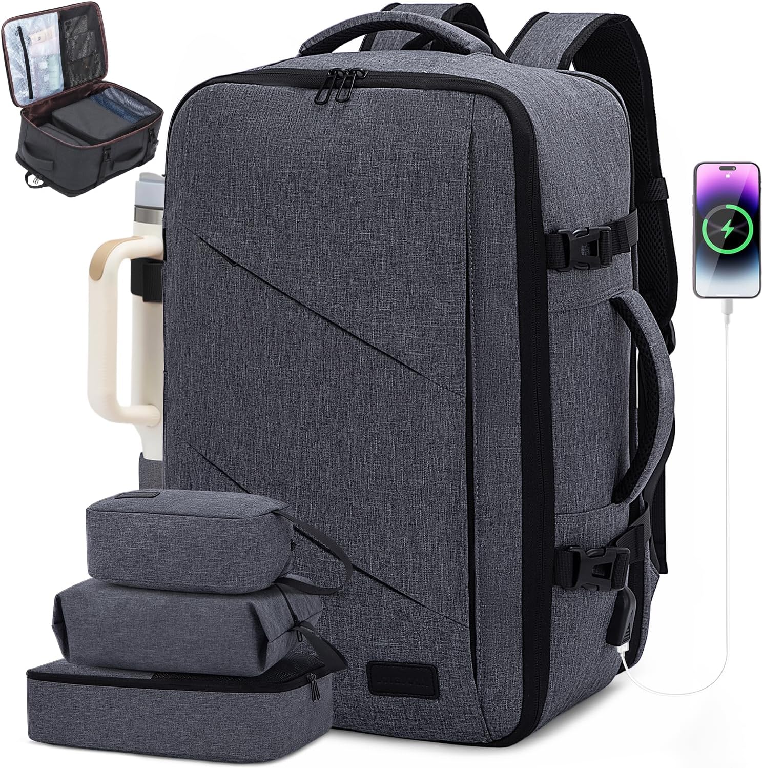 Travel Backpack, 40L Extra Large Backpack, Carry on Backpack 17 Inch with USB Port, Water Resistant Business Backpack for Men Women, Dark Grey