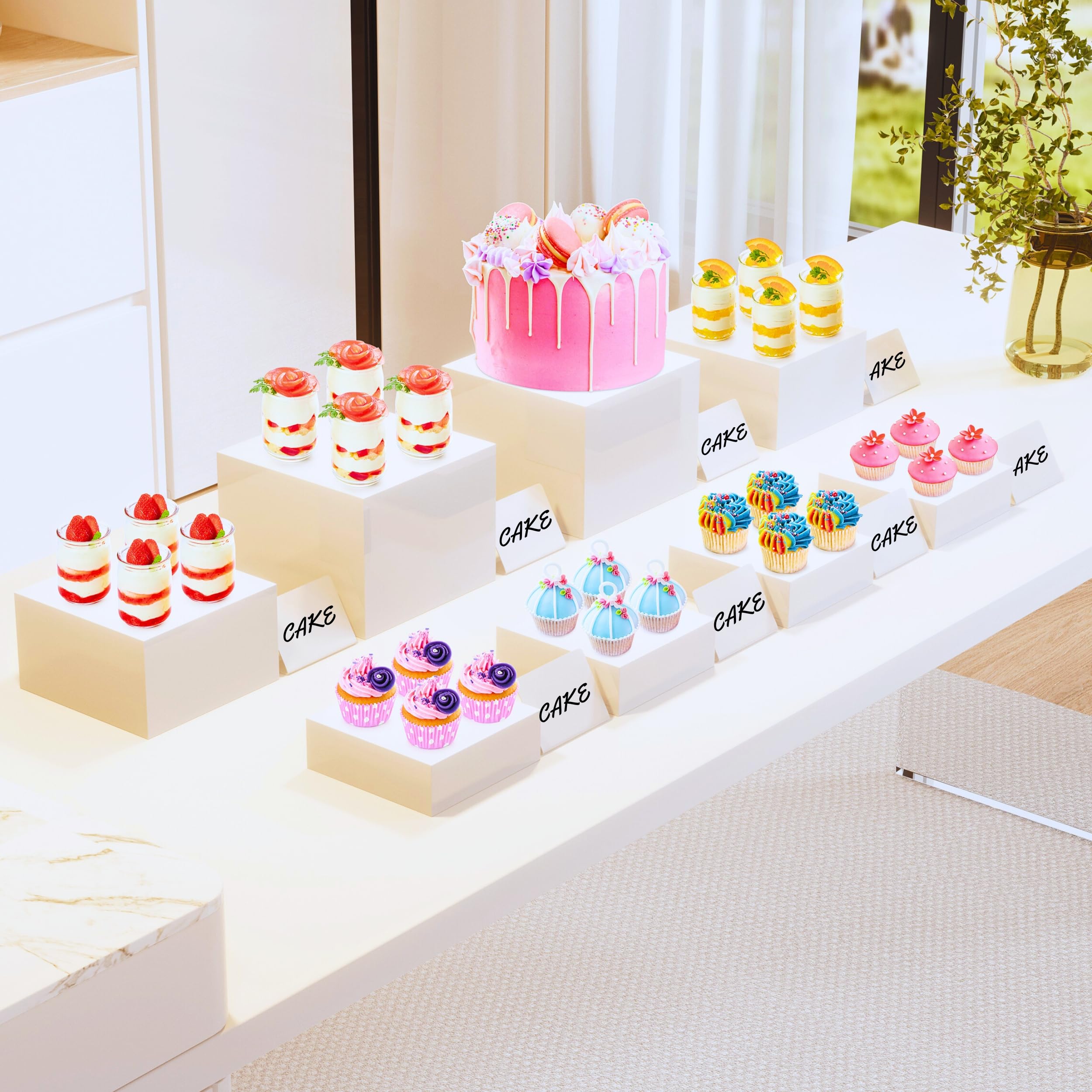 Elevadores de buffet de 8 pulgadas con mini carteles, elevadores de mesa, elevadores de buffet y soportes, caja de exhibición de cubos acrílicos para catering, fiesta, bufé, exhibición