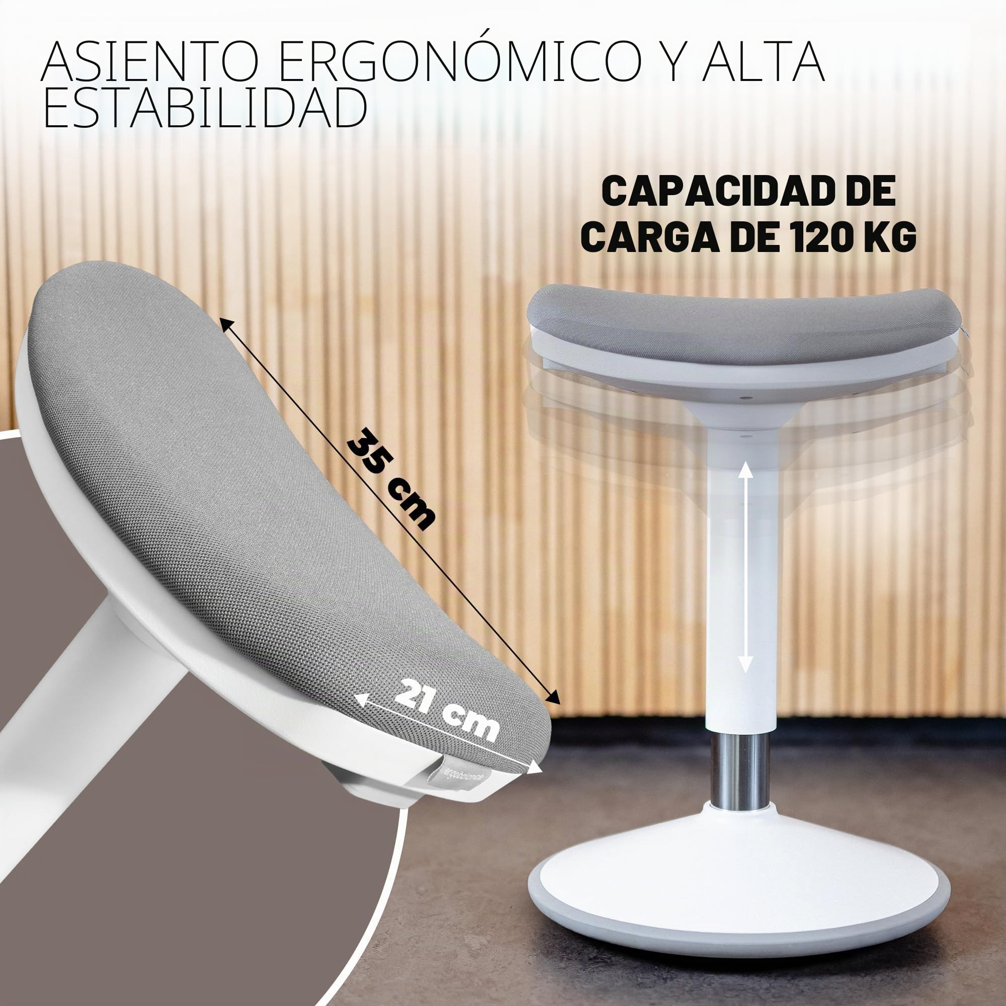 Taburete ergonómico de oficina [2 posiciones] Taburete de asiento ajustable en altura [43 – 63 cm] Taburete para sentarse activamente | Base antideslizante