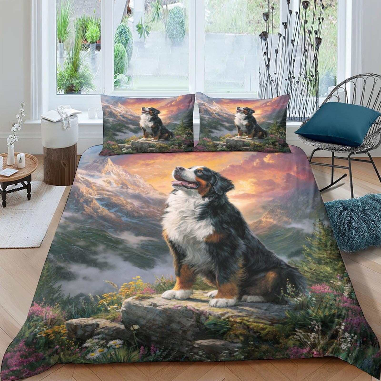 Ctjqhvkz Style-5 3D Printed Mountain Dog Fitted Sheet Microfiber Soft Mattress Cover Sunset Landscape Bedroom Decor Single（135X200cm）