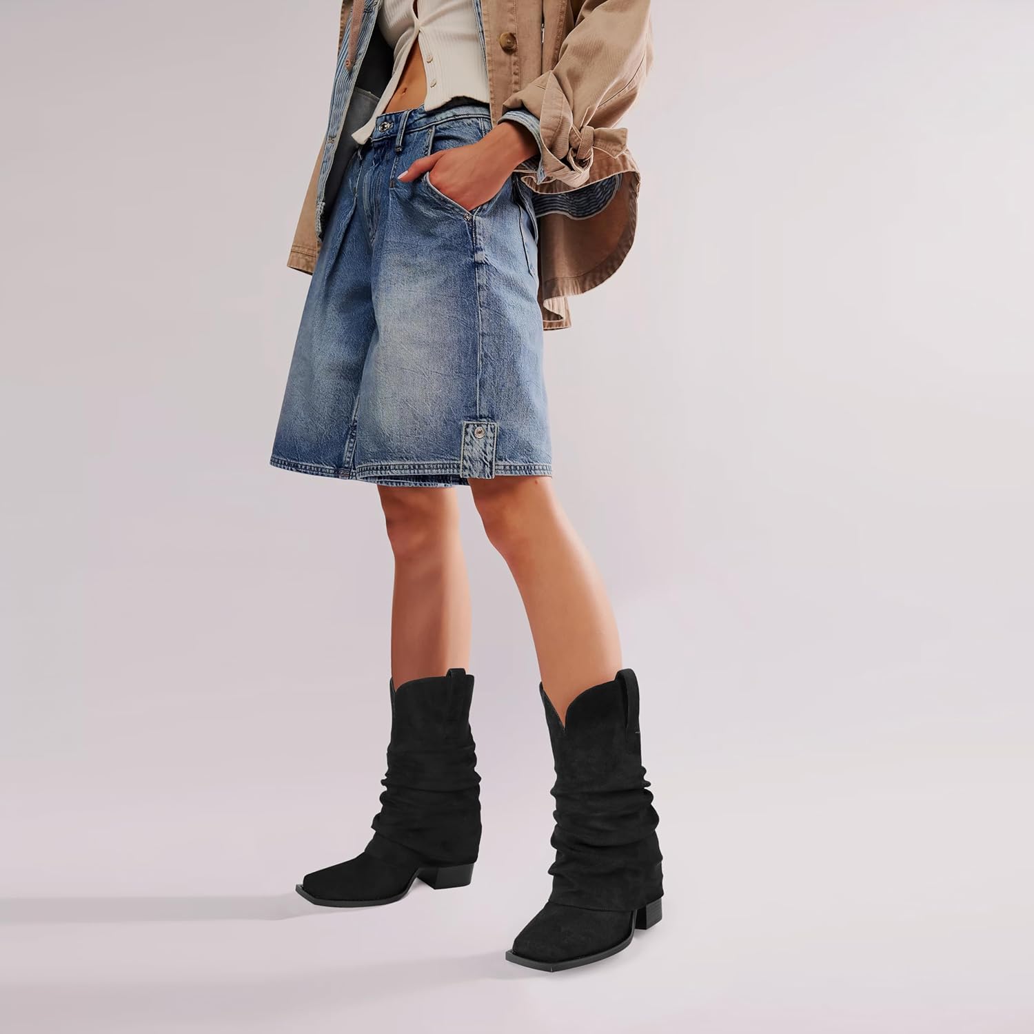 Cowboy Boots for Women Cowgirl Mid Calf Square Toe Fold Over Chunky... - Picture 22 of 56