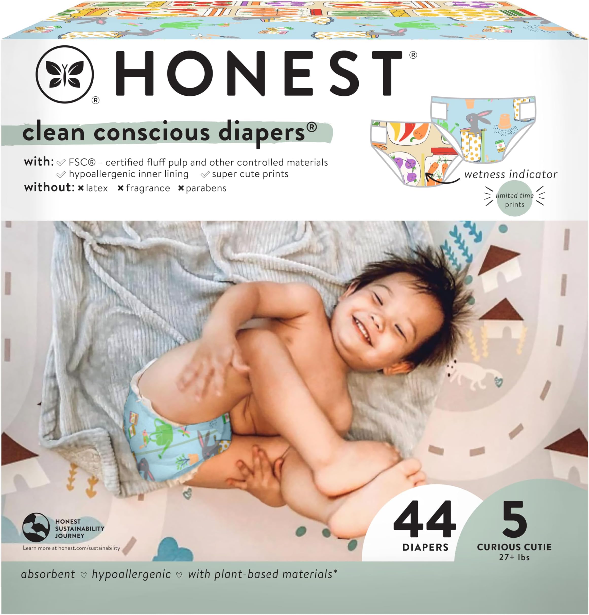 The Honest Company Comfort Dry Disposable Diapers for Sensitive Skin, Hypoallergenic, Fragrance-Free, Spring '25 Seasonal Prints, Club Box, Size 5 (27 lbs), 44 Count